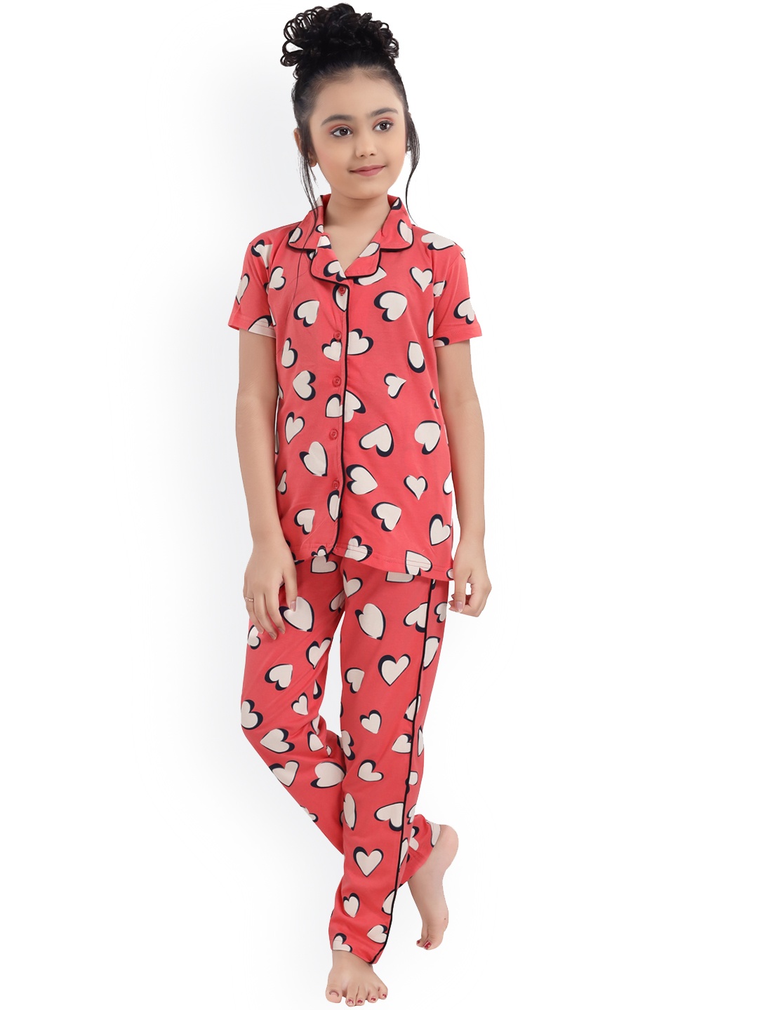 

9shines Label Girls Peach-Coloured & White Printed Night suit