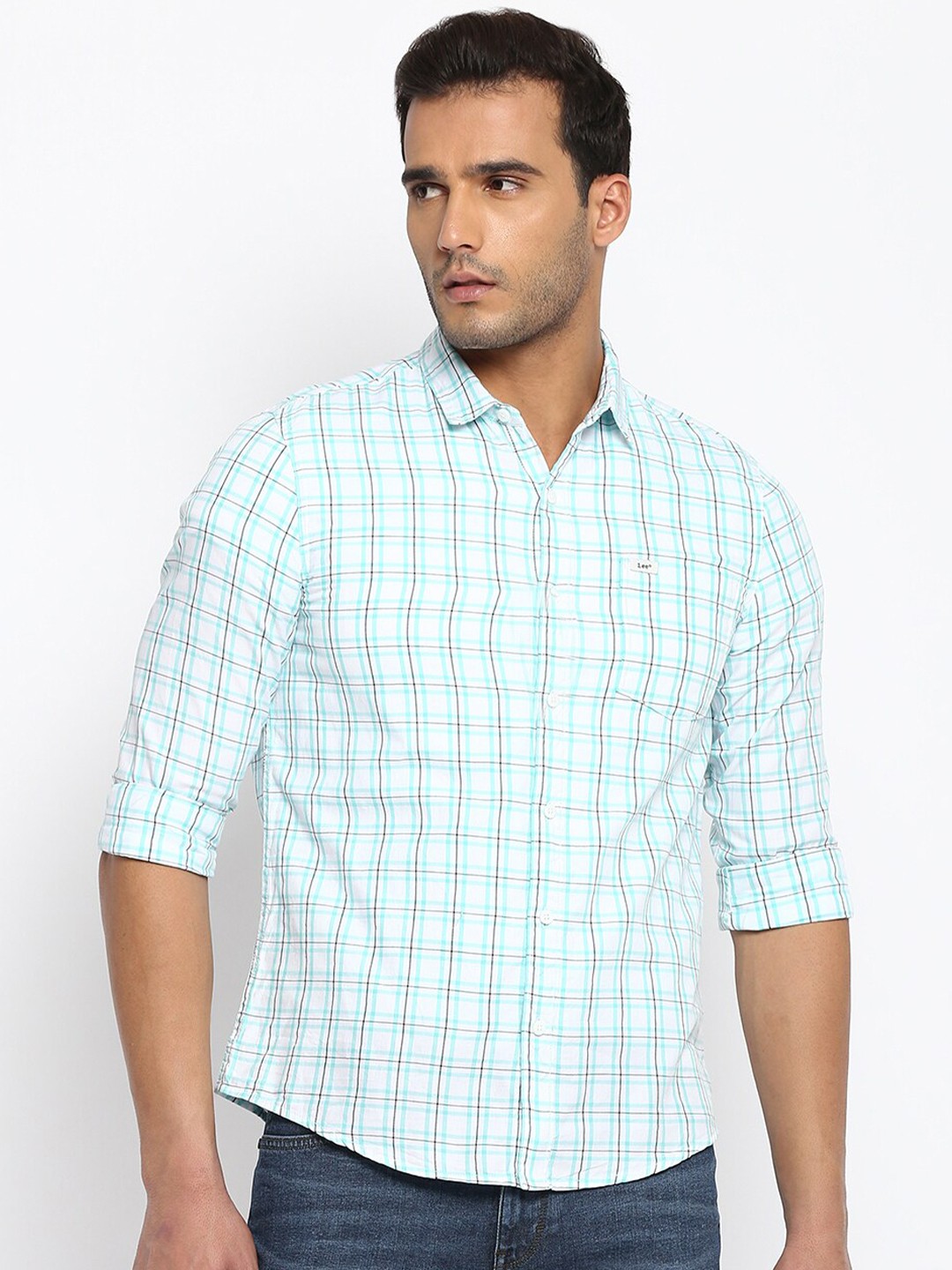 

Lee Men Turquoise Blue Slim Fit Grid Tattersall Checks Checked Cotton Casual Shirt
