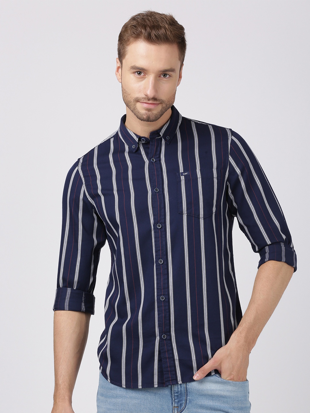 

Lee Men Blue Slim Fit Striped Cotton Casual Shirt