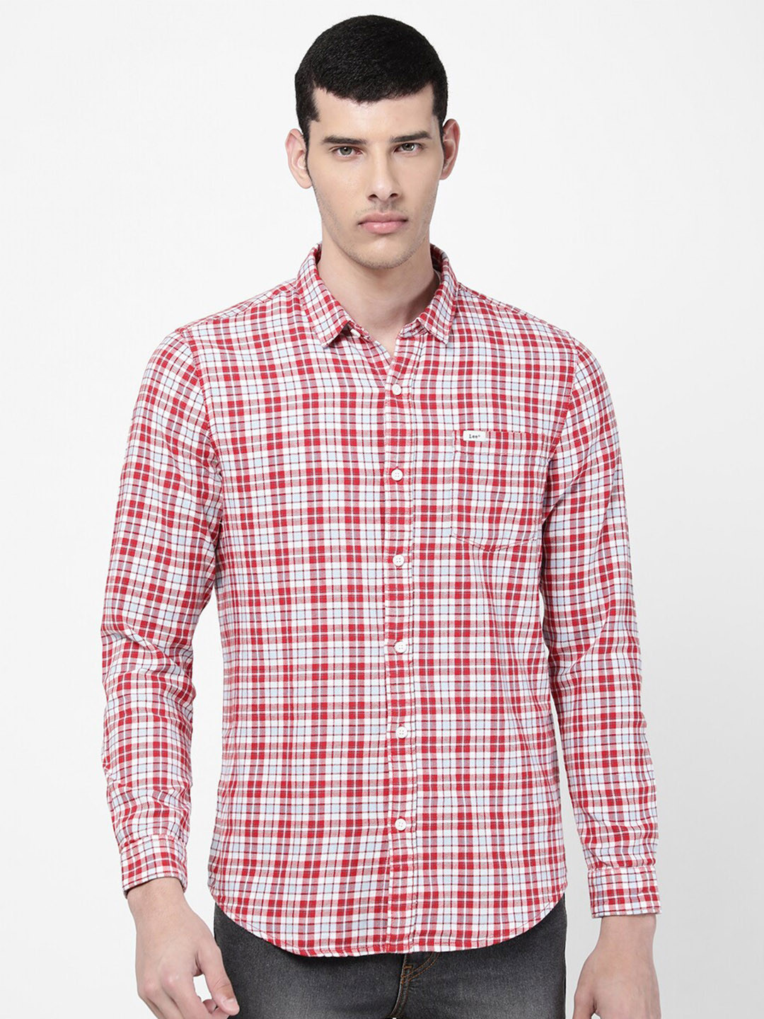 

Lee Men Red & White Slim Fit Tartan Checked Cotton Casual Shirt