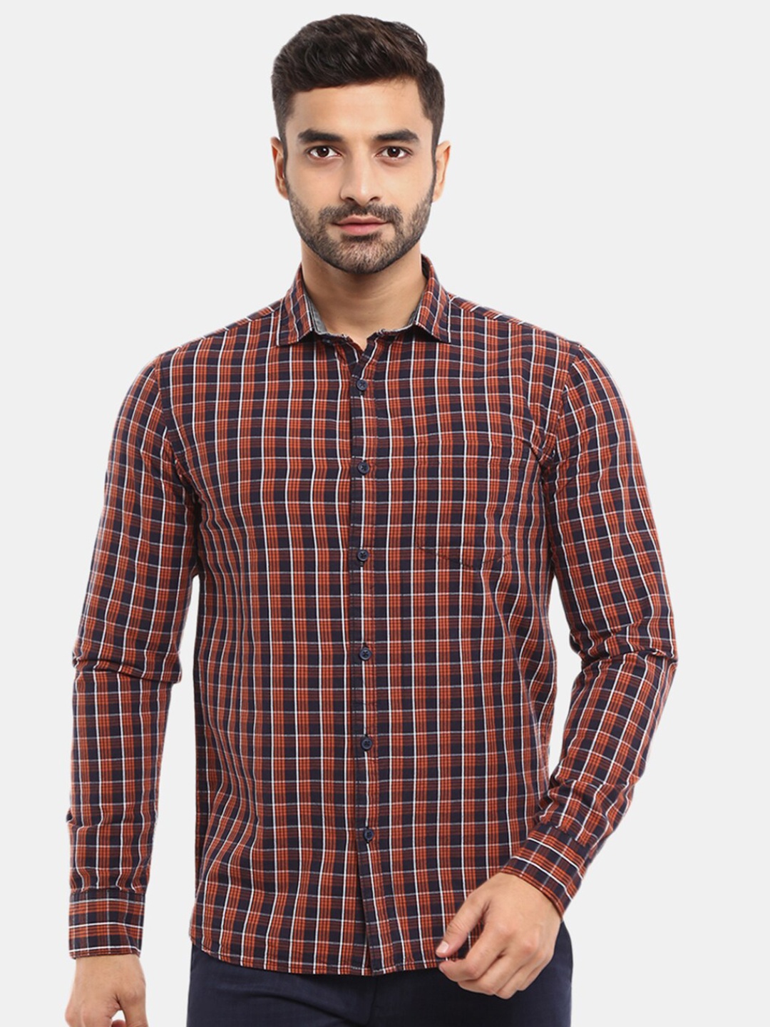 

V-Mart Men Orange Slim Fit Checked Cotton Casual Shirt