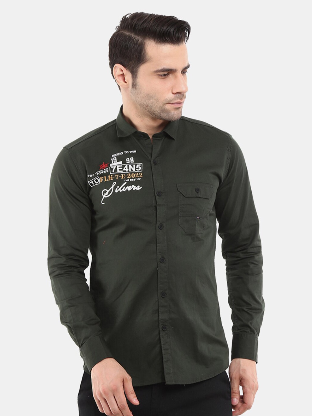 

V-Mart Men Olive Green Slim Fit Printed Twill Weave Casual Shirt