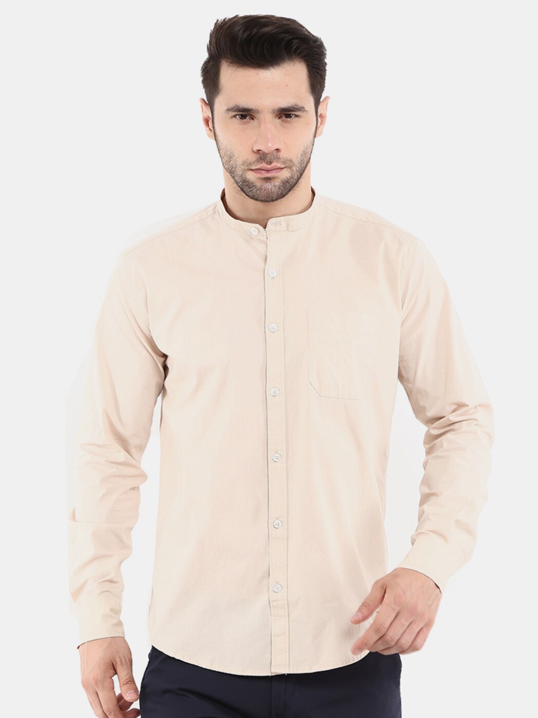 

V-Mart Men Cream-Coloured Mandarin Collar Cotton Casual Shirt