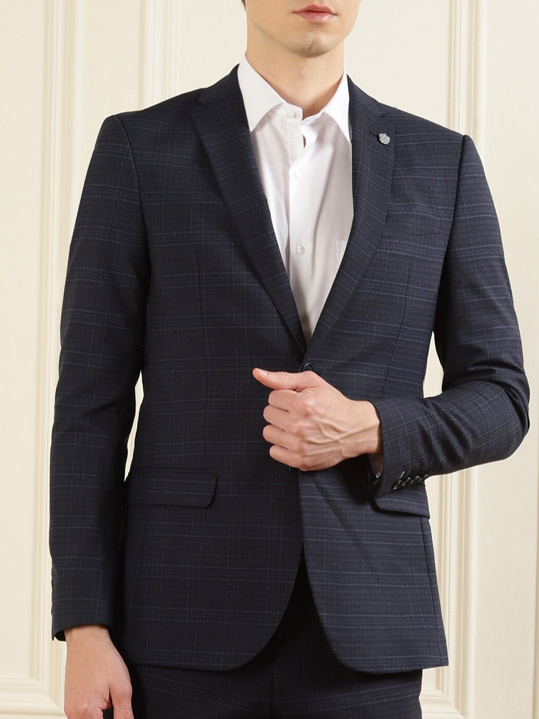 

Ted Baker Men Navy Blue Checked Slim Fit Blazer