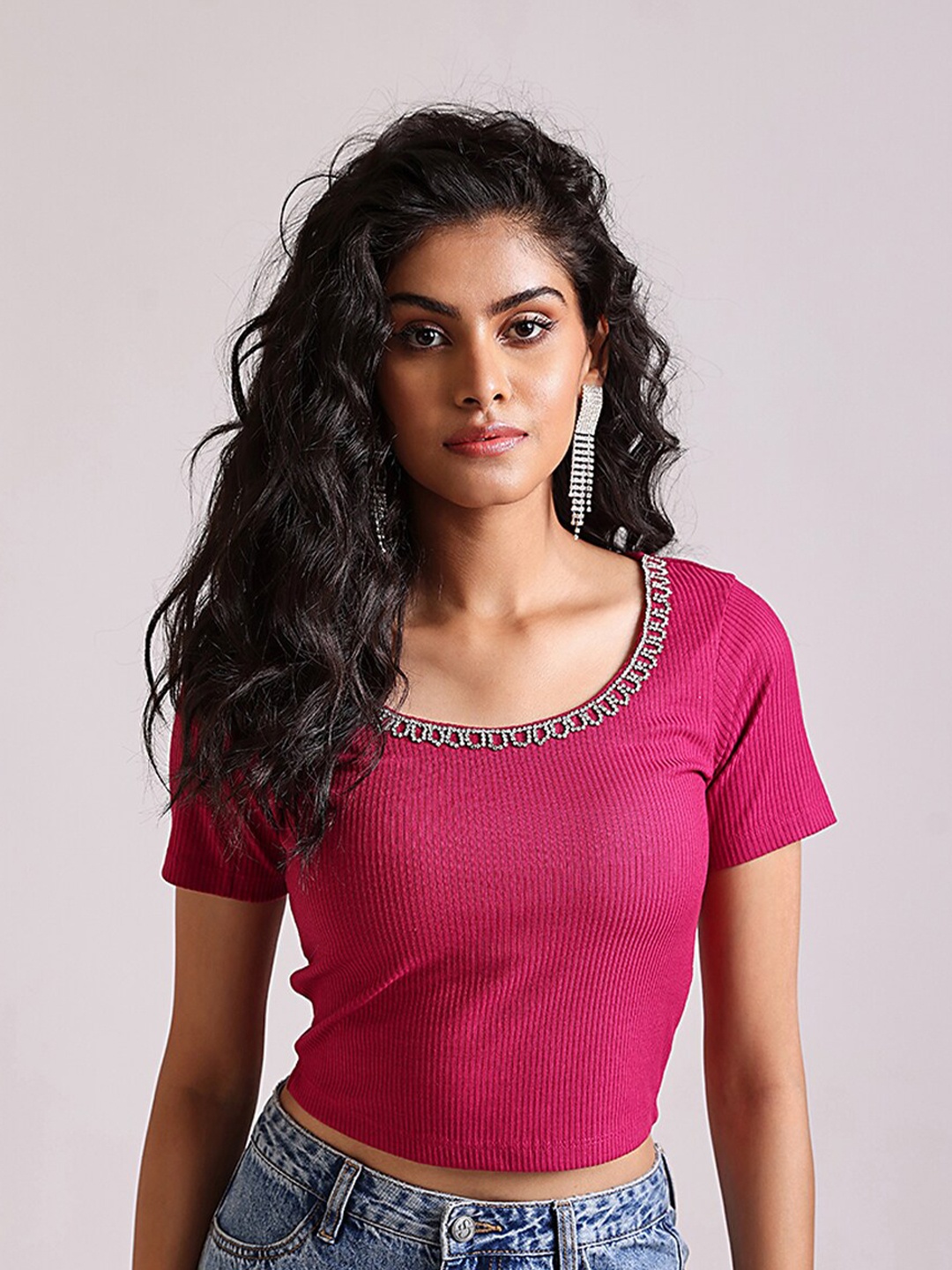 

COVER STORY Women Fuchsia Ribbed T-shirt