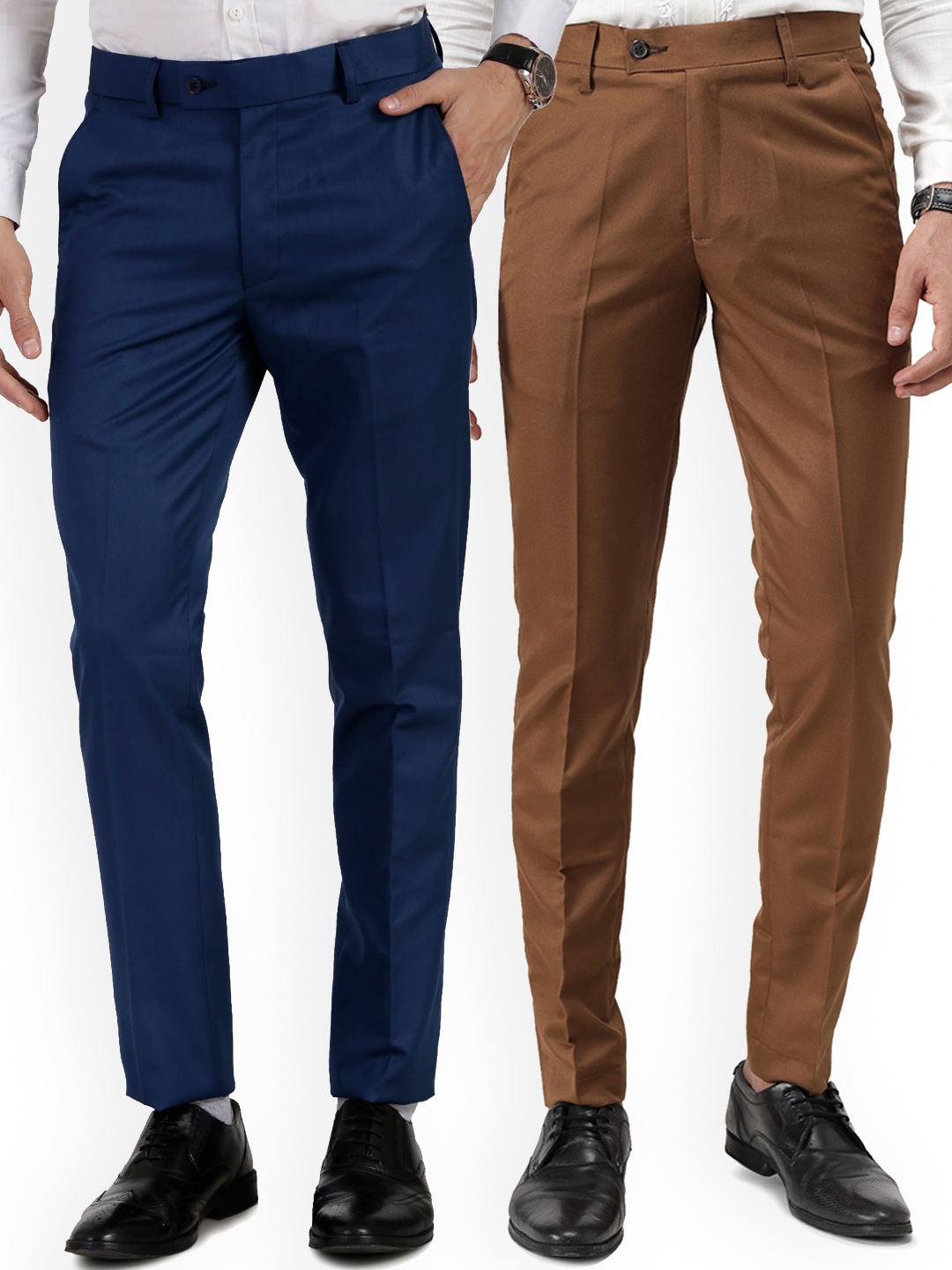 

Vandnam Fabrics Men Navy Blue & Brown Smart Slim Fit polycotton formal Trousers