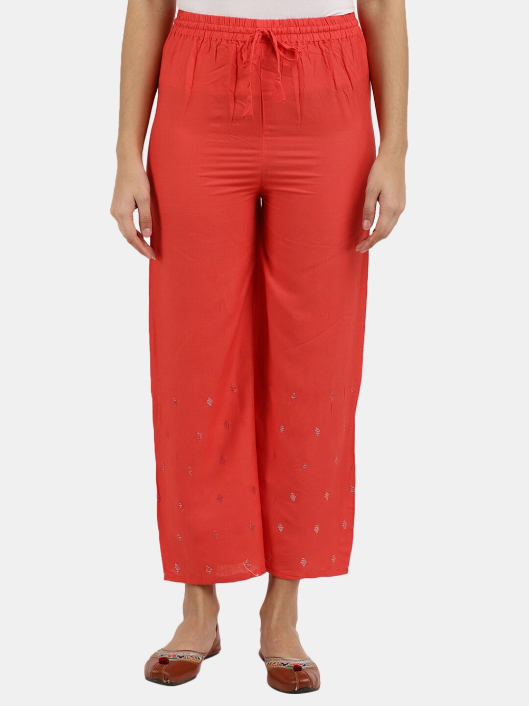 

Desi Mix Women Coral Solid Straight Fit Palazzos, Red