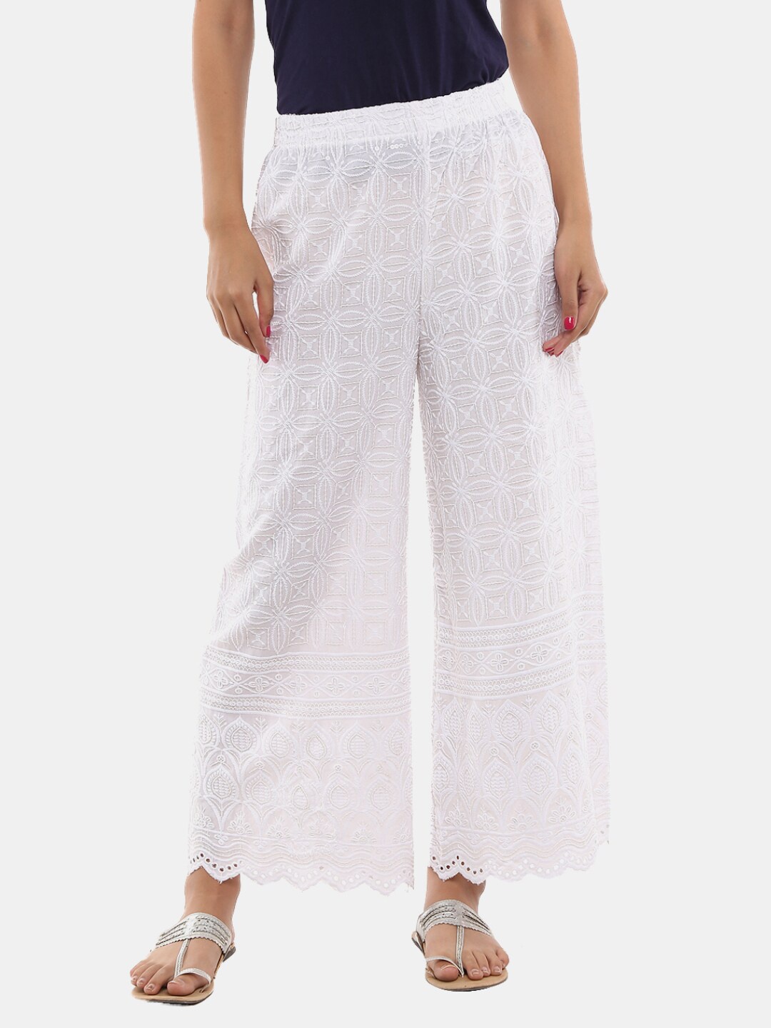 

Desi Mix Women White Embroidered Palazzos
