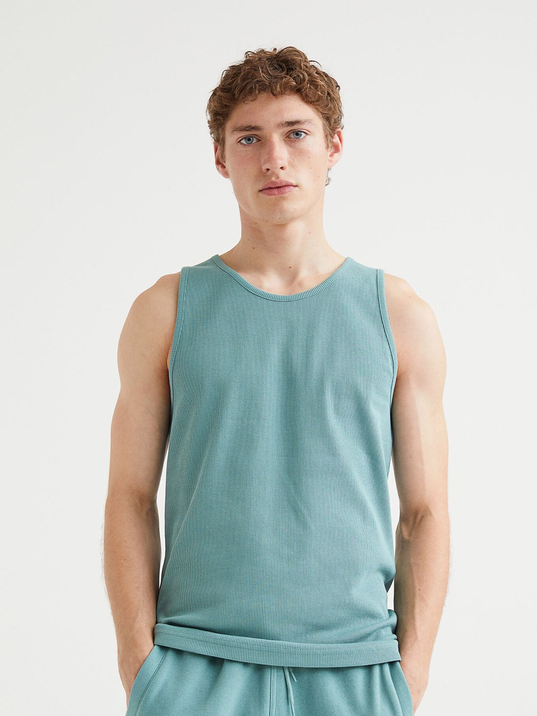 

H&M Men Turquoise Blue Ribbed Vest Top