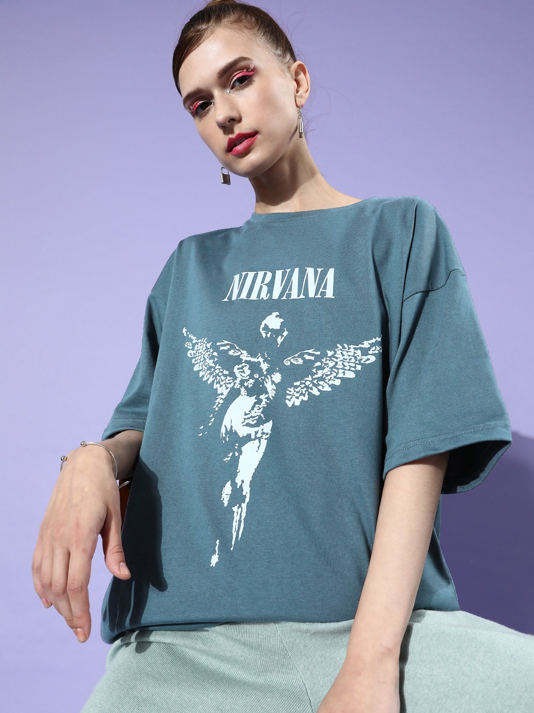 

HERSHEINBOX Women Teal Graphic Nuovo Sleeves Tshirt