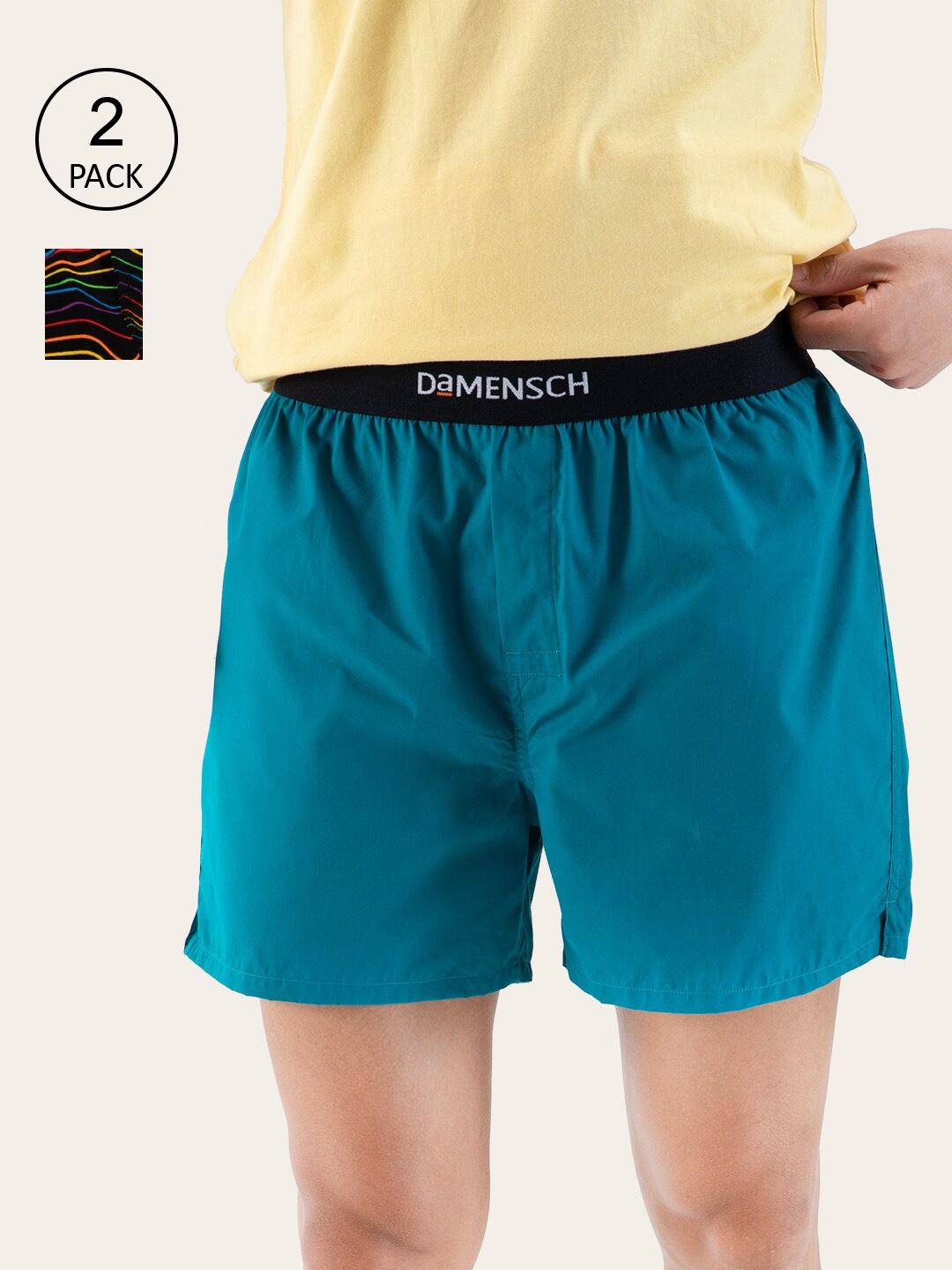 

DAMENSCH Men Pack Of 2 Black & Blue Printed BREEEZE Ultra-light Pure Cotton Inner Boxers