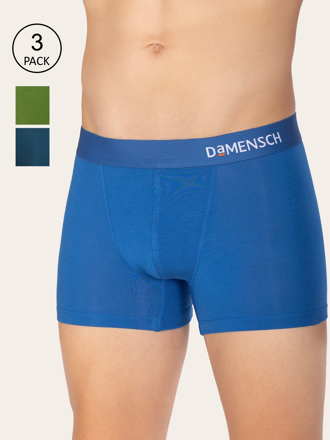 

DAMENSCH Men Pack Of 3 Solid Deo Soft Trunks DAM-ER-MIX-T-GBL-OPB-CA-PACK-3, Blue