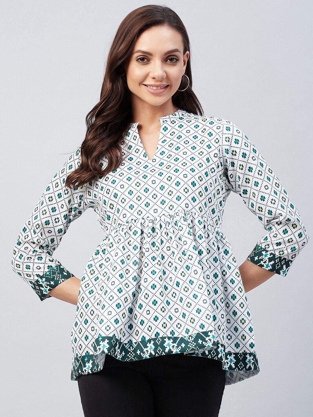 

Azira White Floral Print Mandarin Collar Top