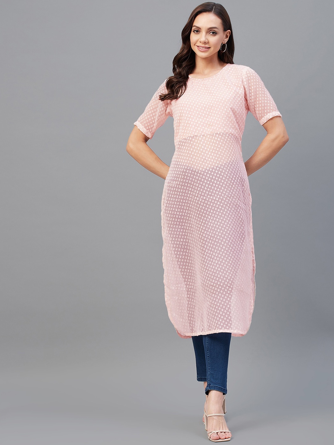 

Azira Women Pink Chevron Checked Keyhole Neck Thread Work Georgette Kurta