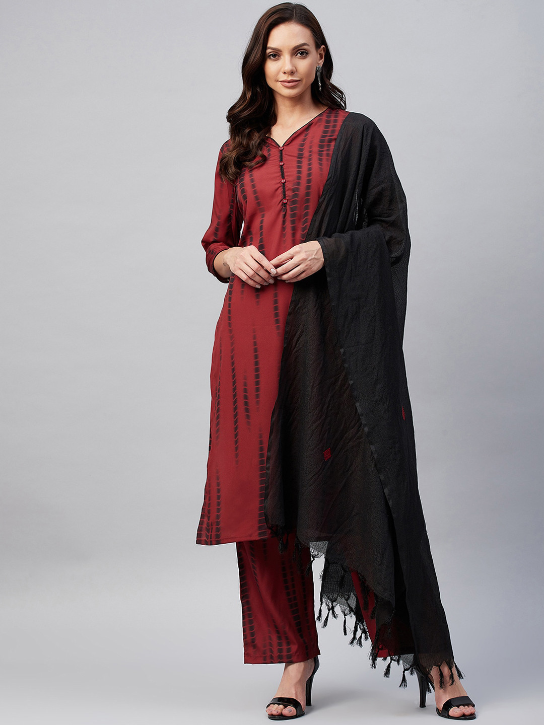 

Azira Women Maroon Striped Layered Kurti with Trousers & With Dupatta