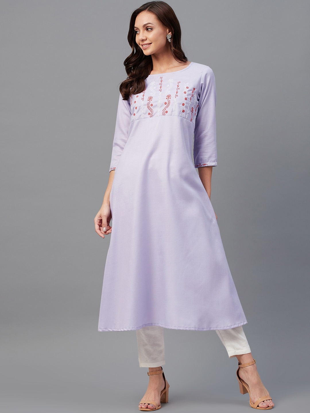 

Azira Women Lavender Yoke Design Keyhole Neck Flared Sleeves Thread Work Anarkali Kurta