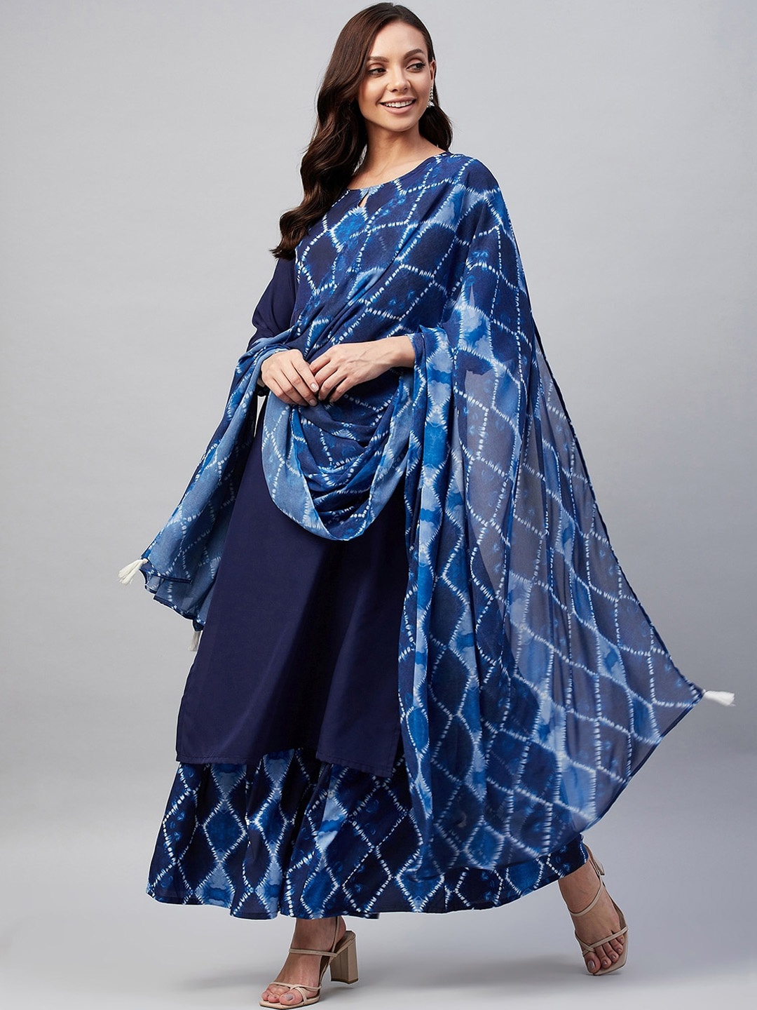 

Azira Women Navy Blue Ethnic Motifs Yoke Design Empire Kurta with Skirt