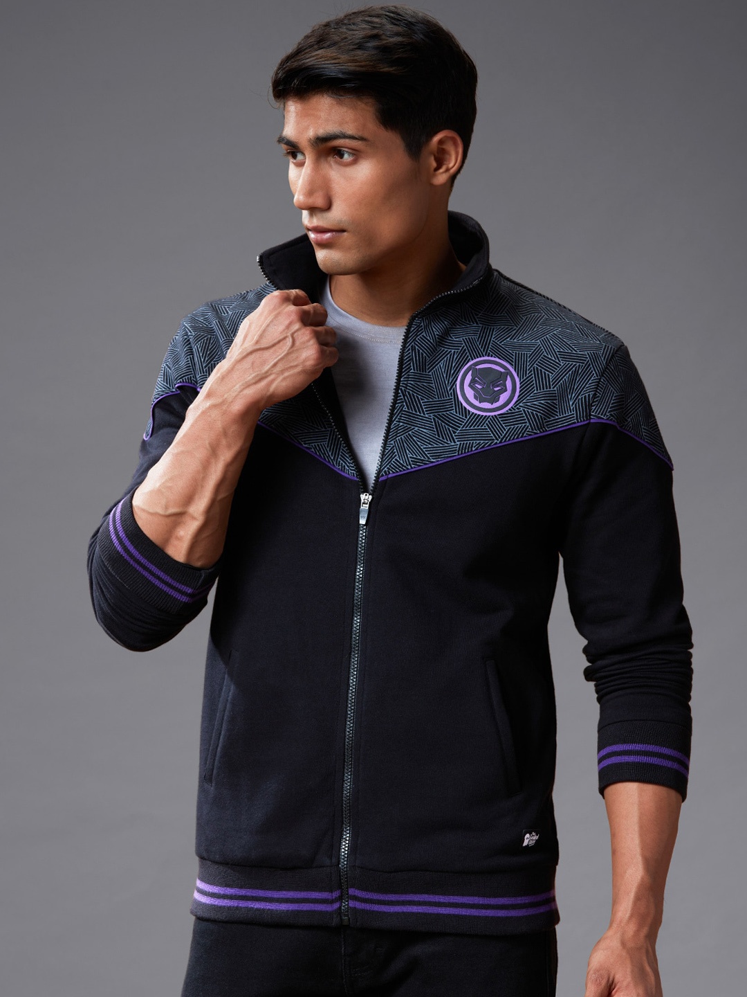 

The Souled Store Men Black Colourblocked Bomber with Patchwork Jacket