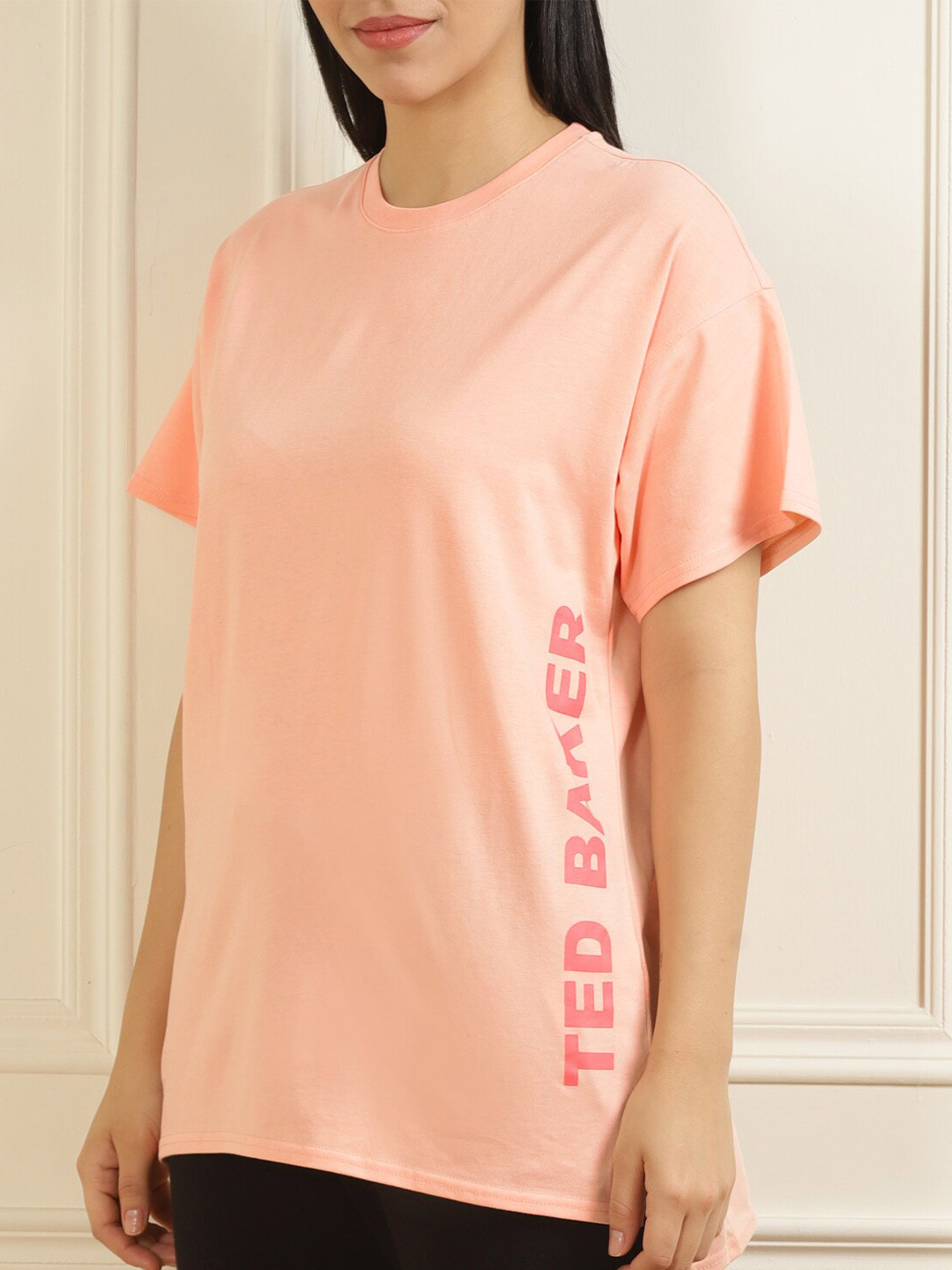 

Ted Baker Peach-Coloured Placement Print Pure Cotton High-Low Longline Top