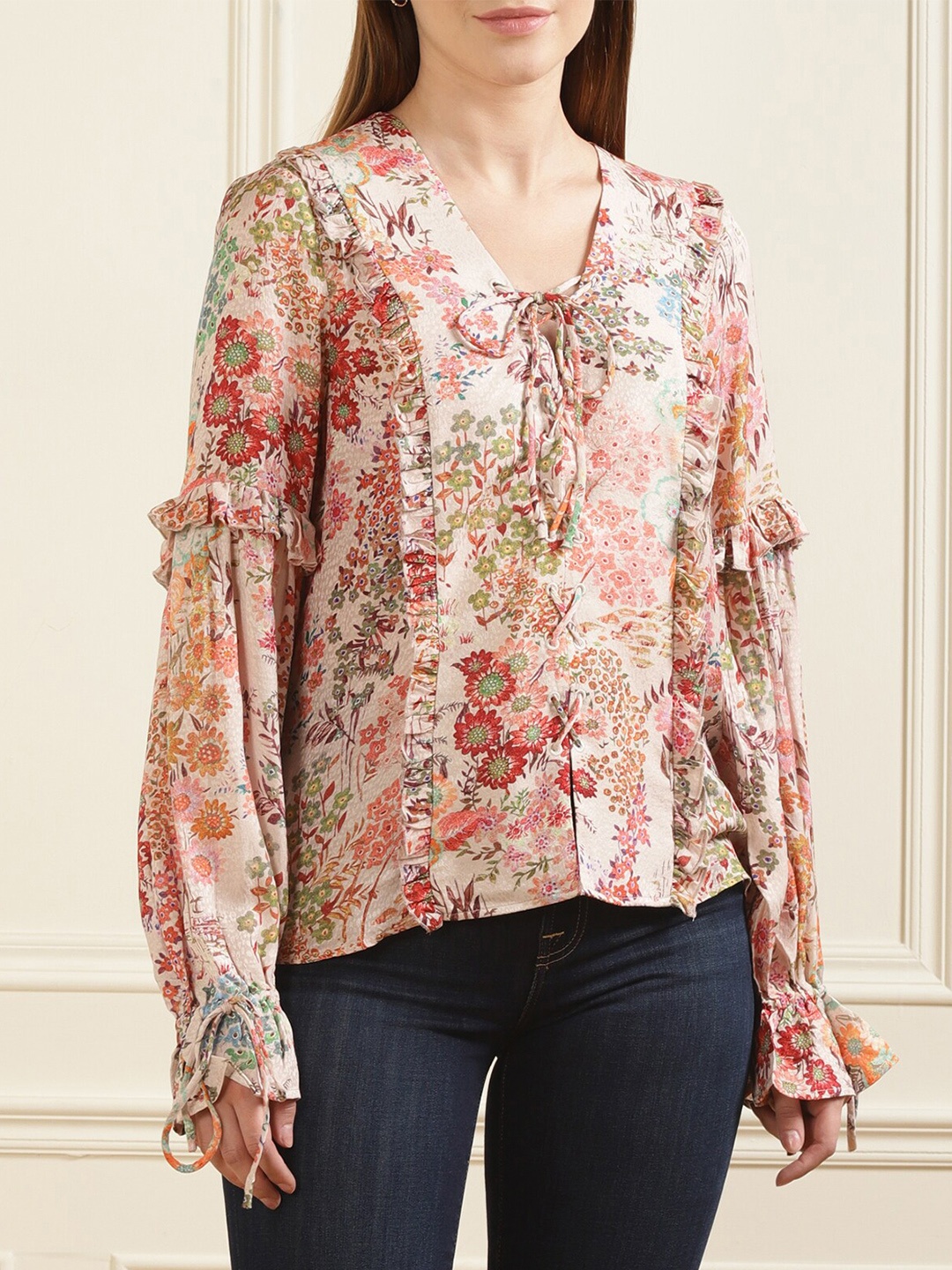 

Ted Baker Pink Floral Print Tie-Up Neck Top