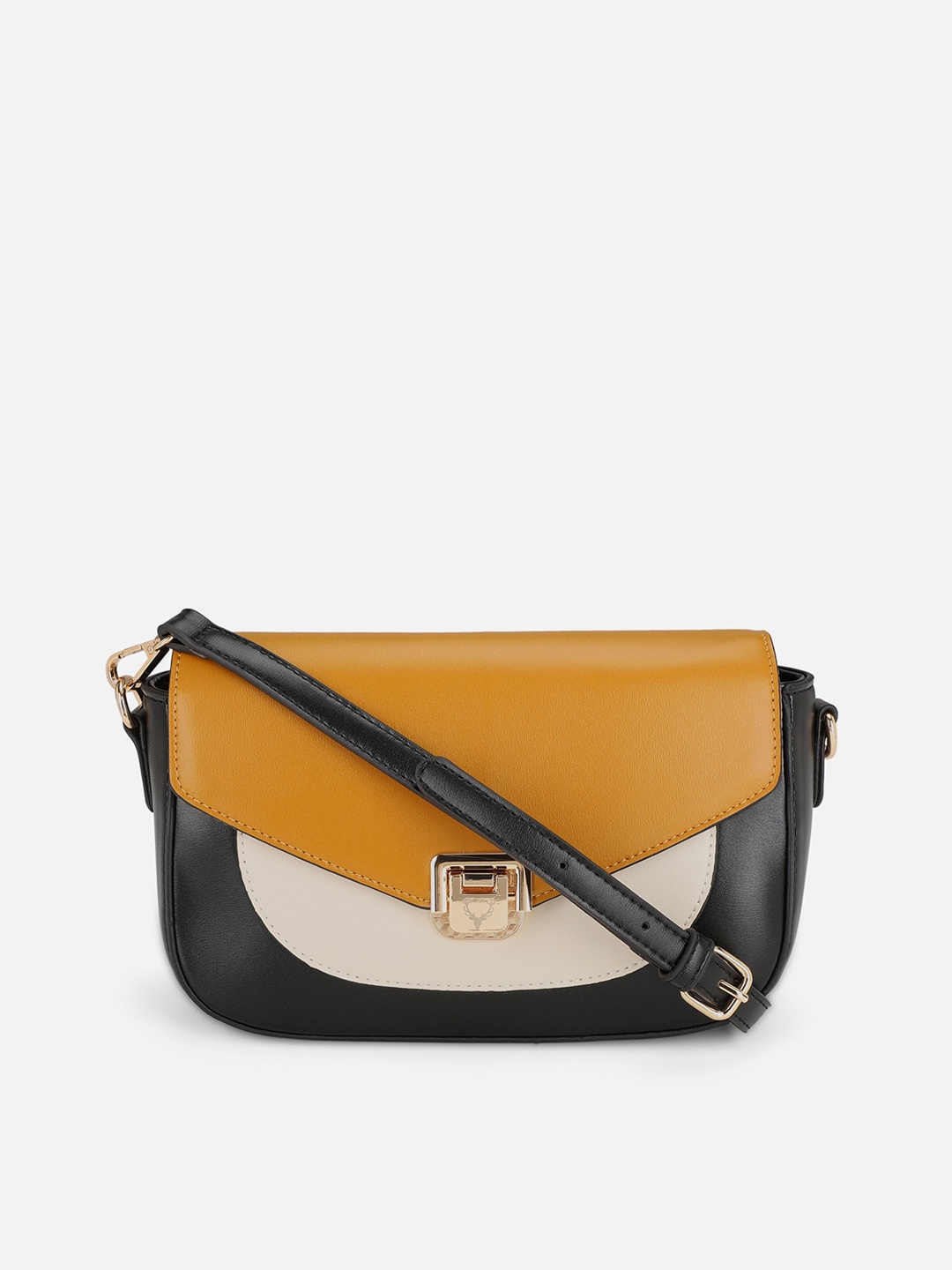 

Allen Solly Black Colourblocked PU Half Moon Sling Bag with Cut Work