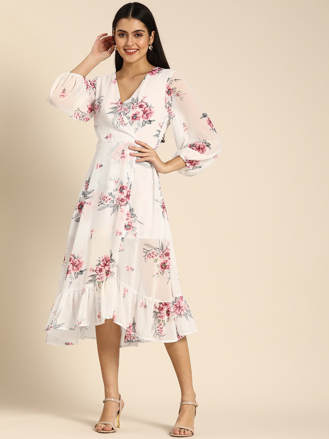 

DODO & MOA White & Pink Floral Print Georgette Midi Dress