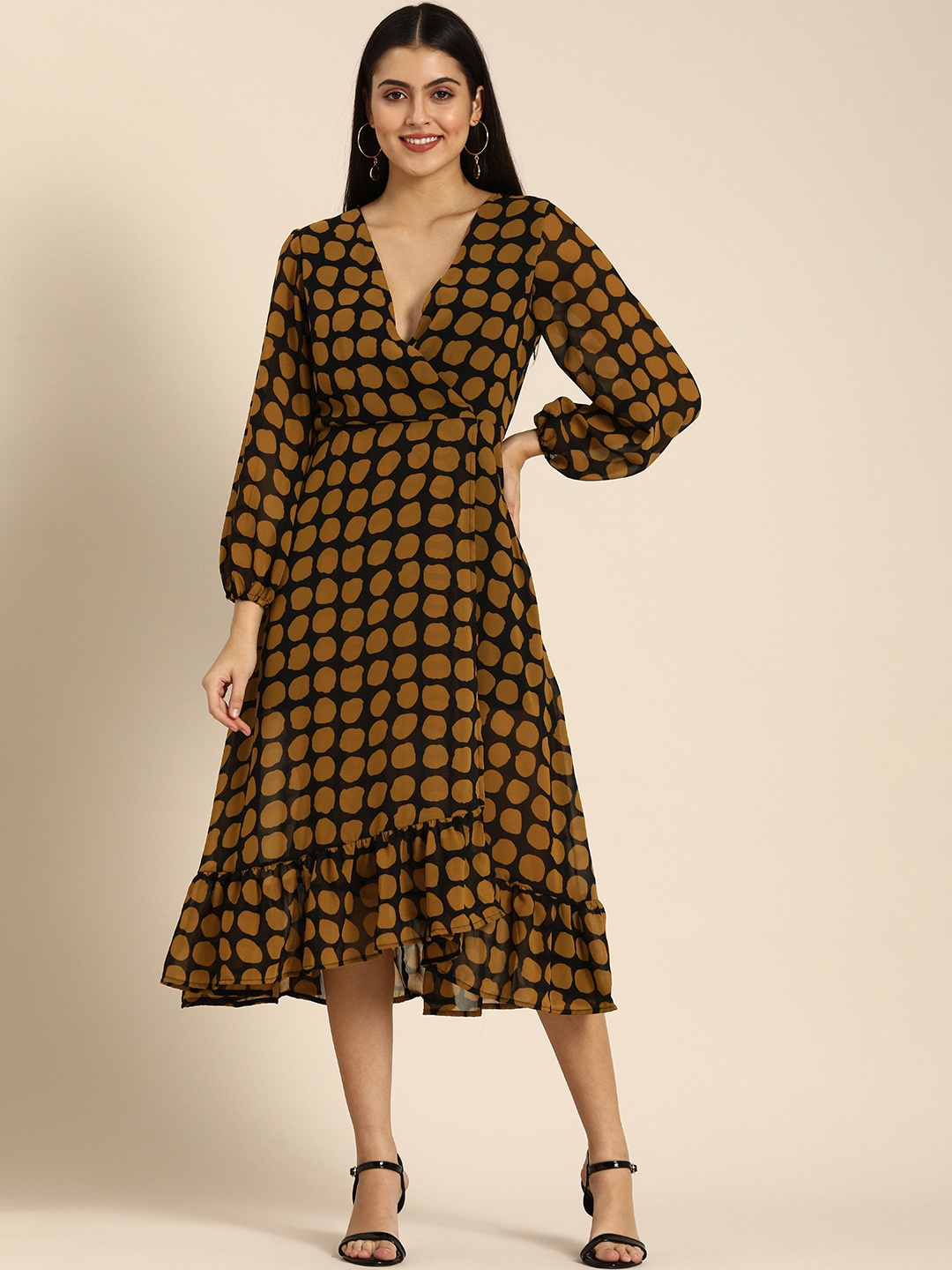 

DODO & MOA Black & Brown Printed Georgette Midi Dress