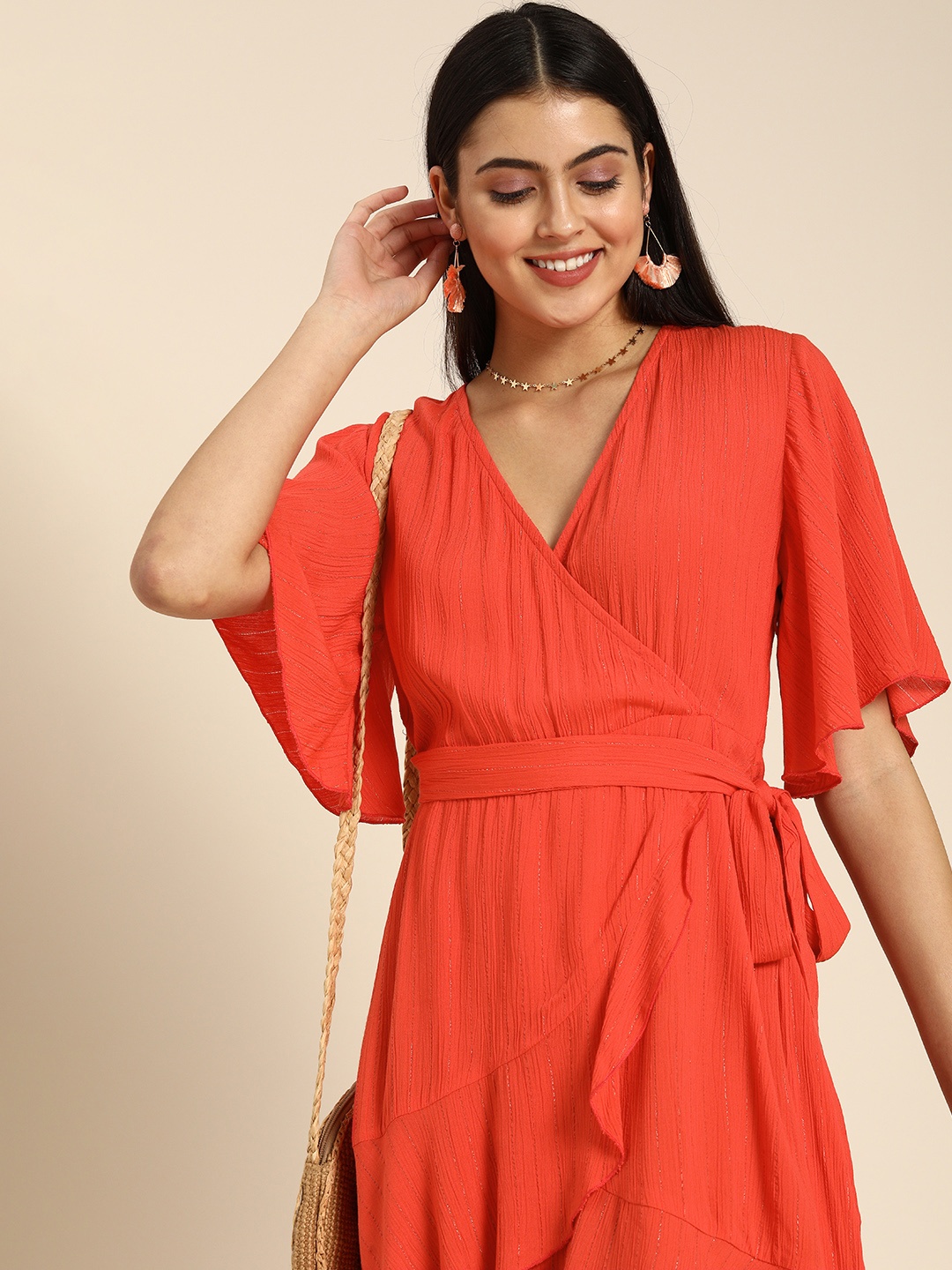 

DODO & MOA Red Solid Wrap Dress