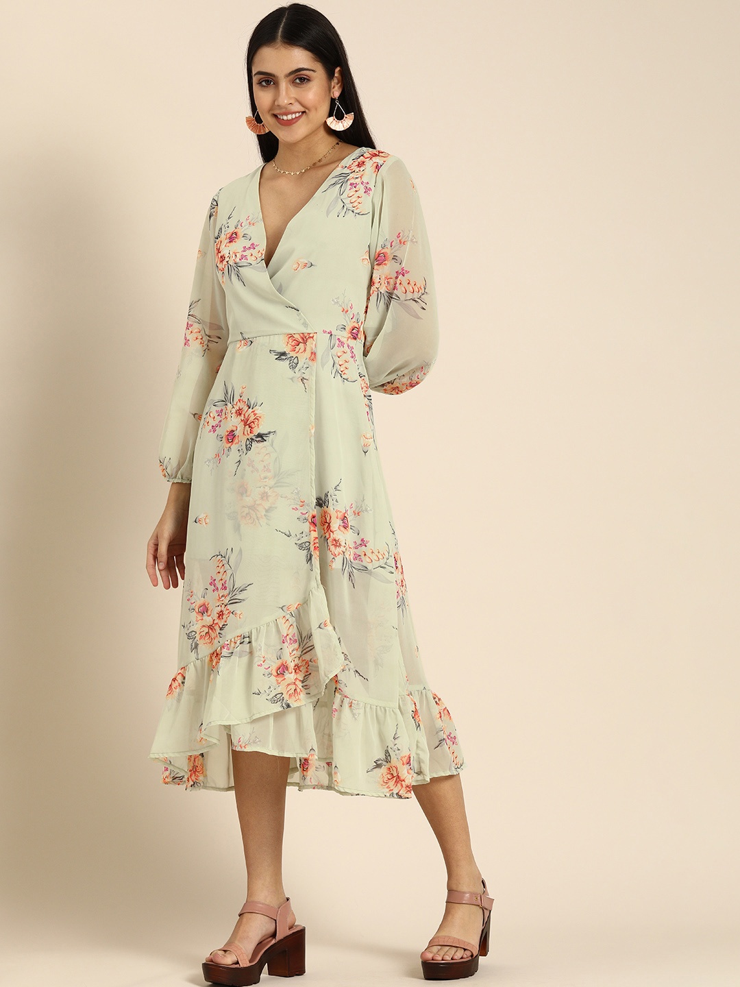 

DODO & MOA Green Floral Print Georgette Midi Dress