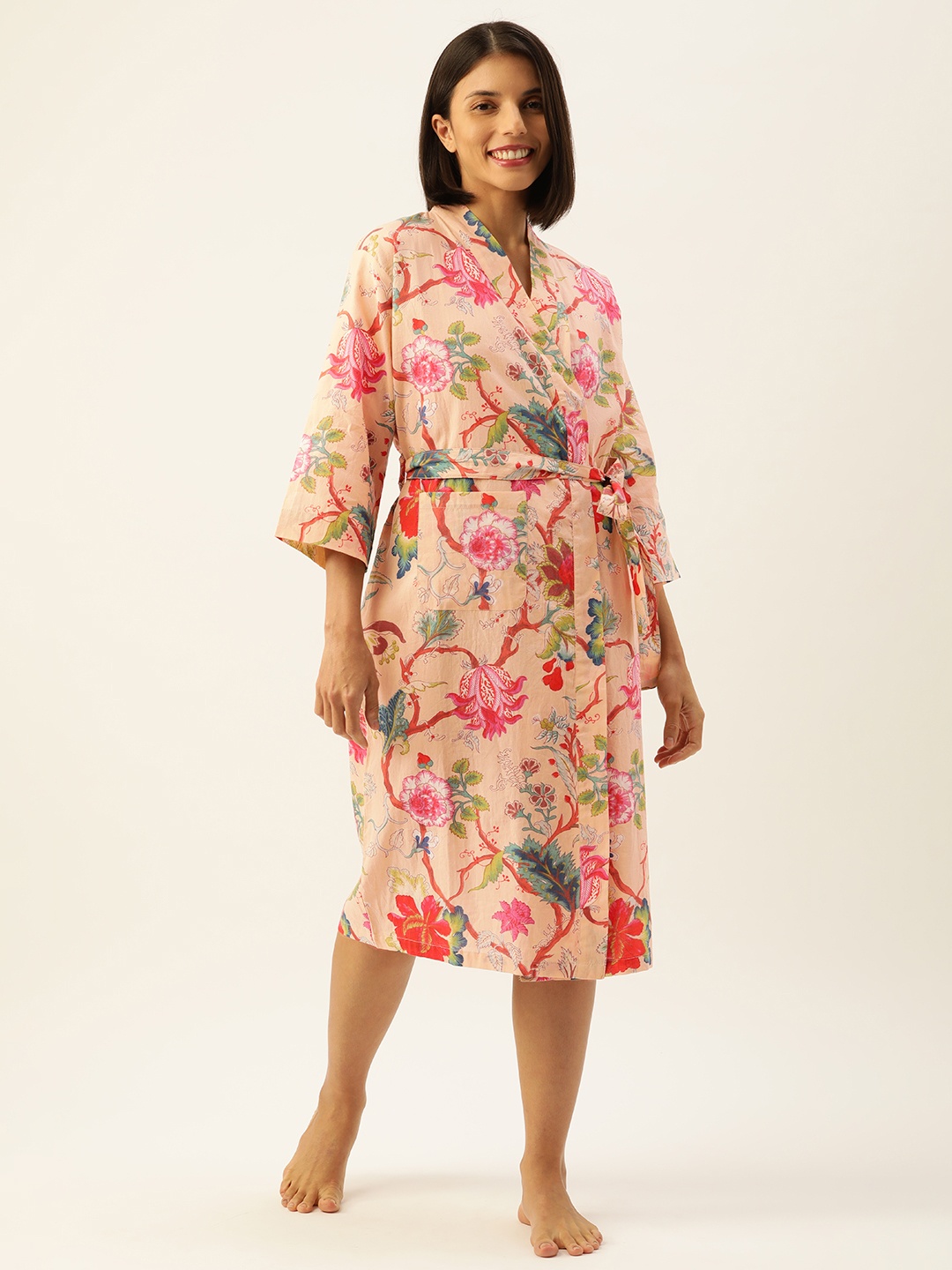 

SANSKRUTIHOMES Peach-Coloured & Pink Printed Cotton Nightdress
