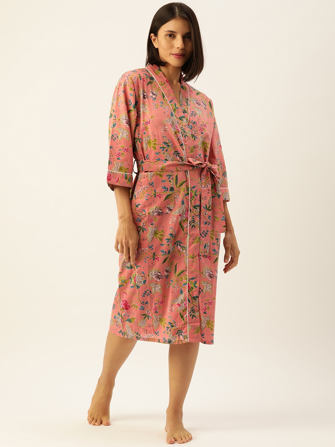 

SANSKRUTIHOMES Dusty Pink & Green Printed Cotton Nightdress, Rose