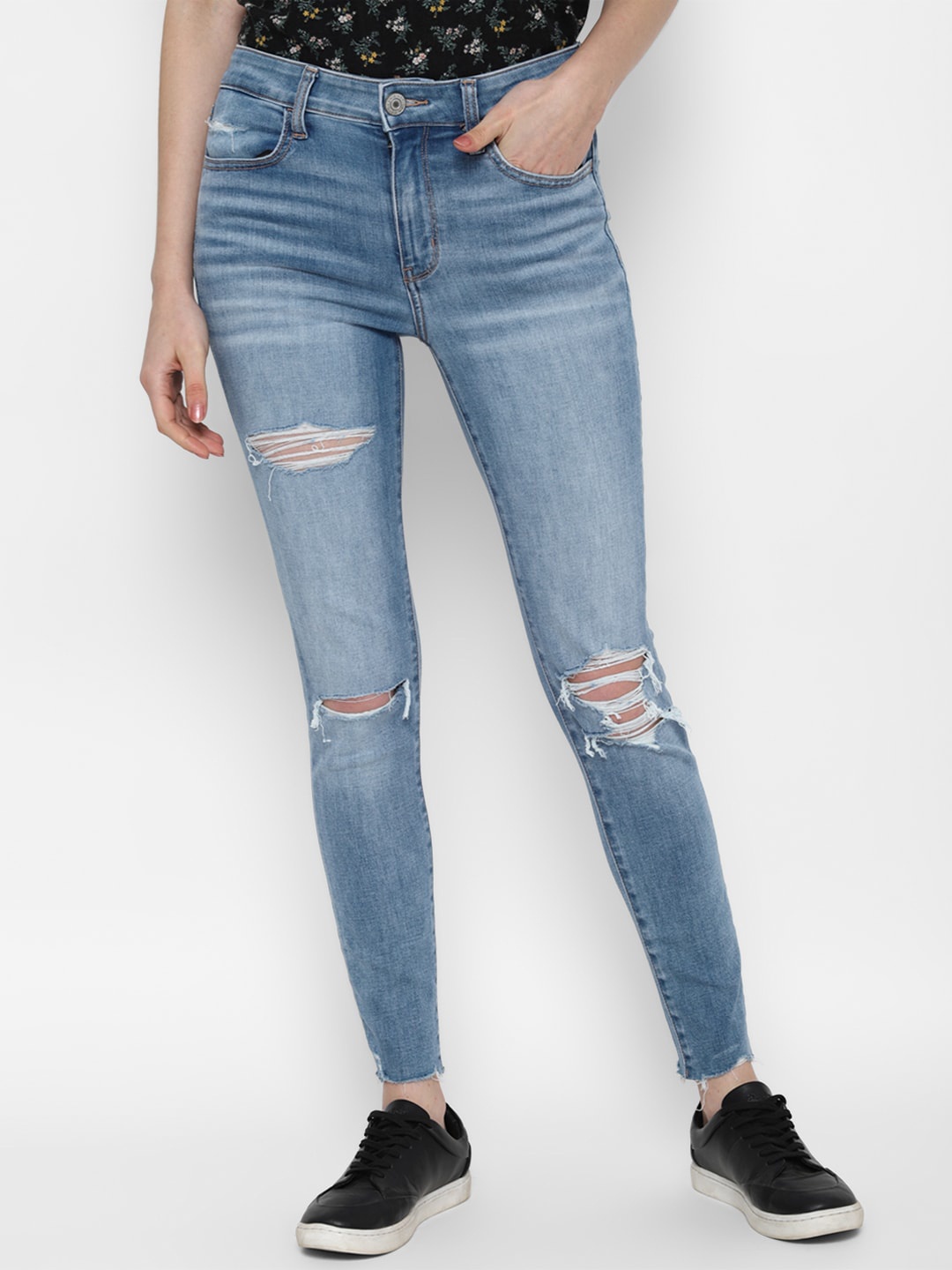 

AMERICAN EAGLE OUTFITTERS Women Blue Skinny Fit Slash Knee Light Fade Jeans