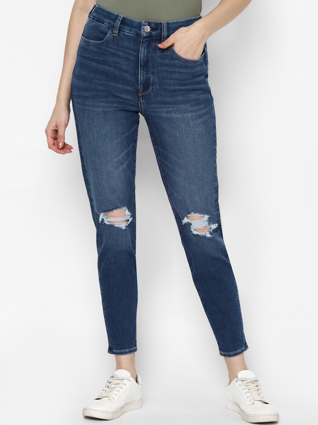 

AMERICAN EAGLE OUTFITTERS Women Blue Skinny Fit Slash Knee Light Fade Jeans