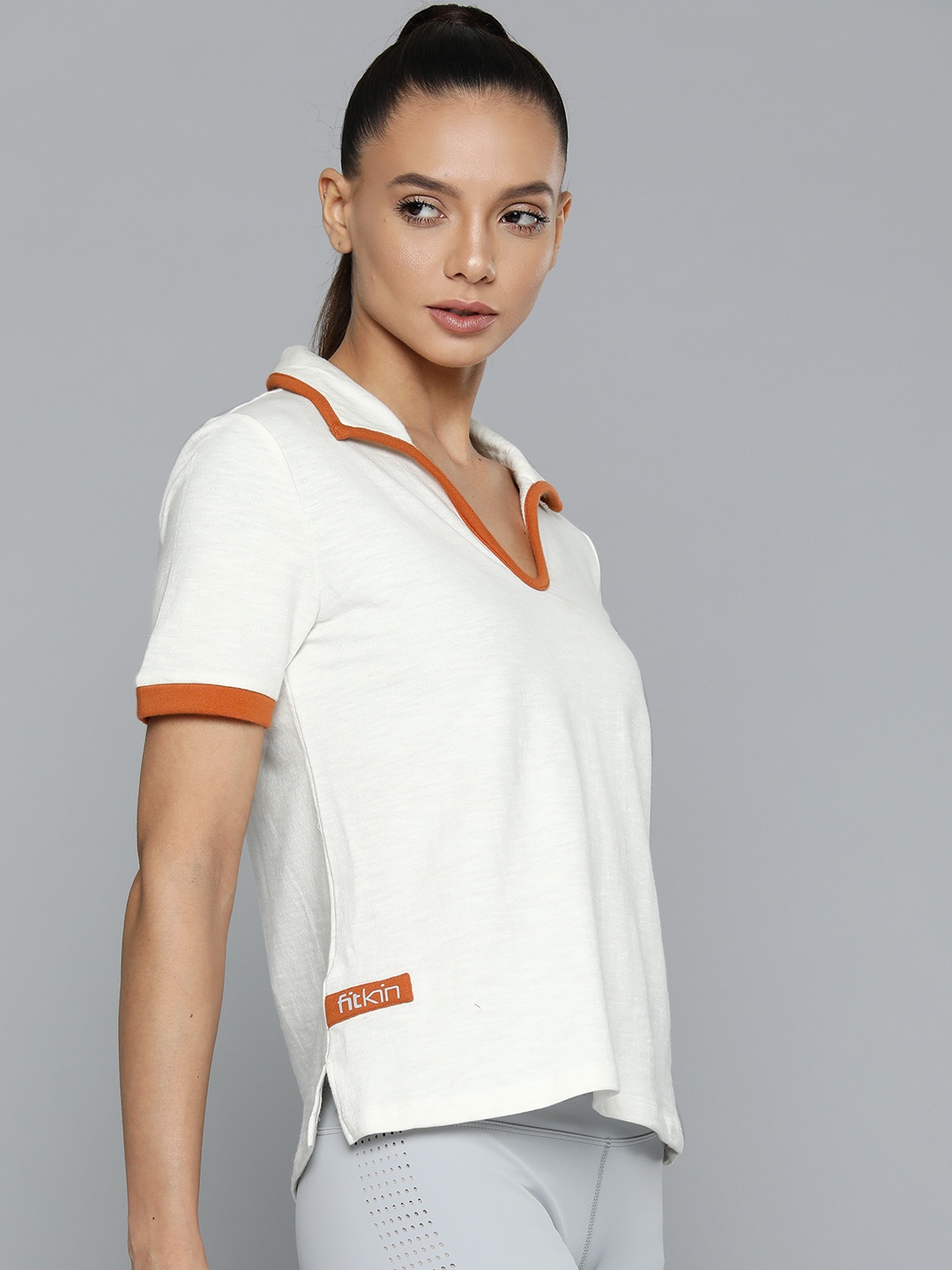 

Fitkin Women White Solid Polo Collar Organic Cotton Anti Odour T-shirt