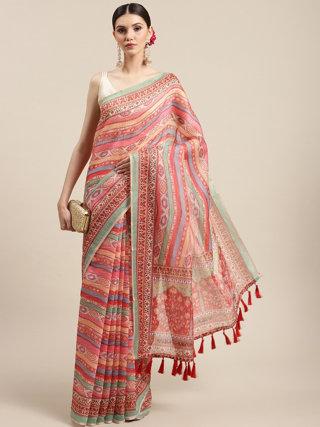 

Silk Land Red & Green Ethnic Motifs Printed Sequinned Saree