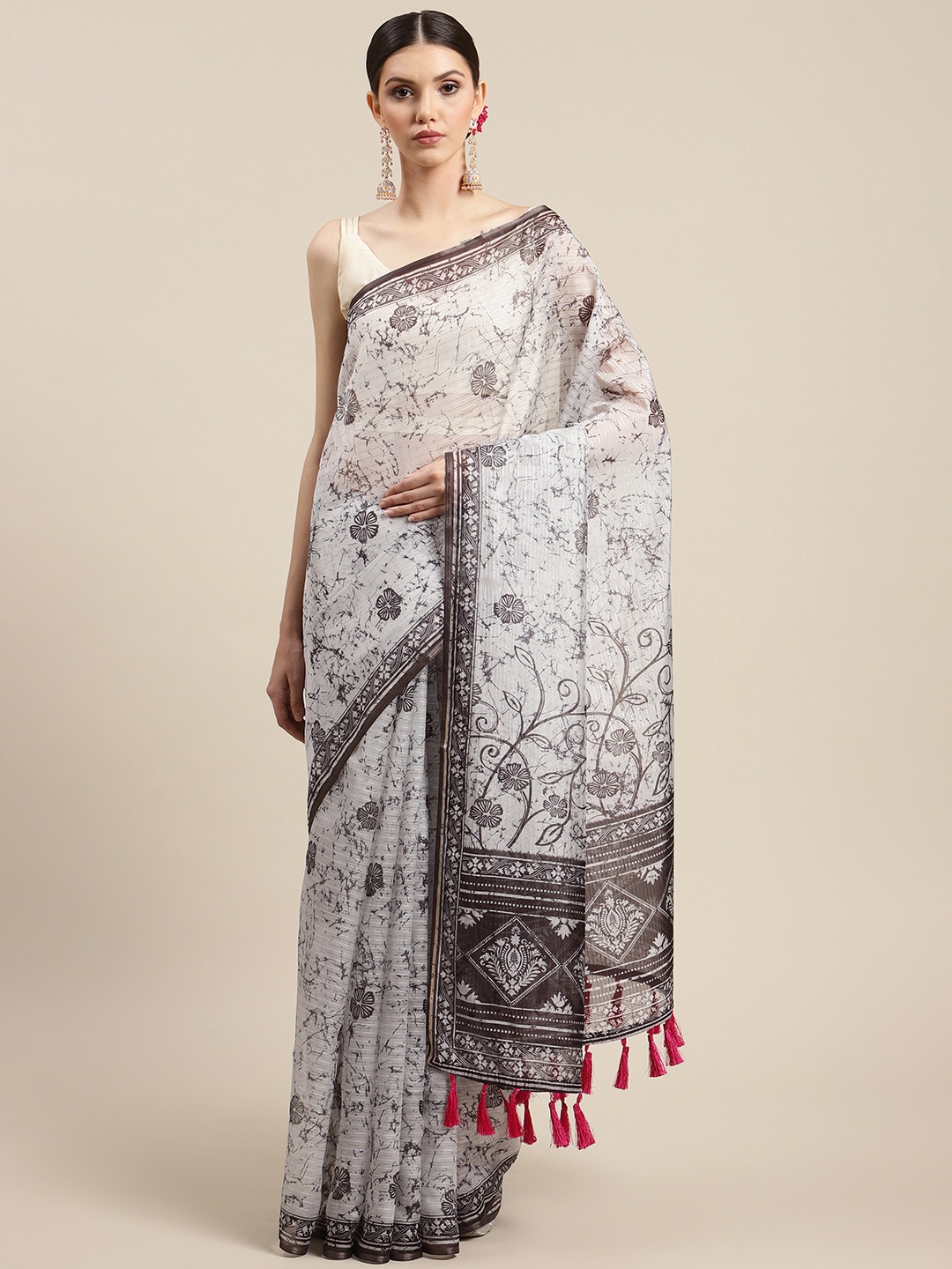 

Silk Land White & Grey Kalamkari Art Silk Saree