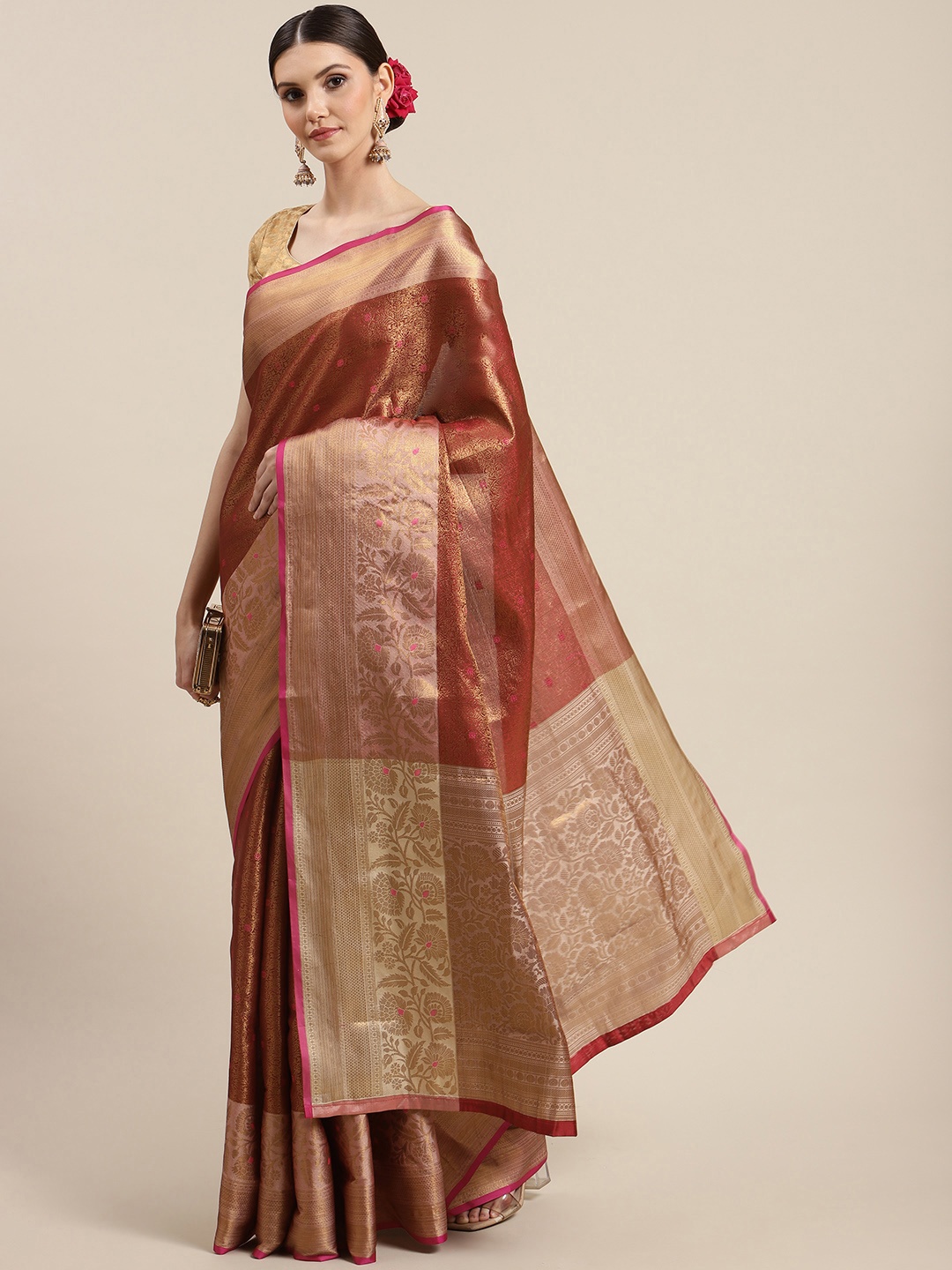 

Silk Land Brown & Beige Ethnic Motifs Woven Design Zari Pure Silk Banarasi Saree