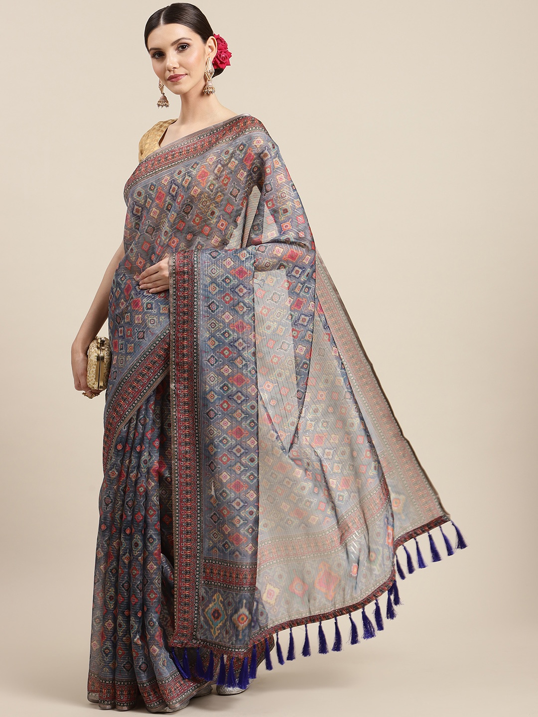 

Silk Land Grey Kalamkari Art Silk Saree