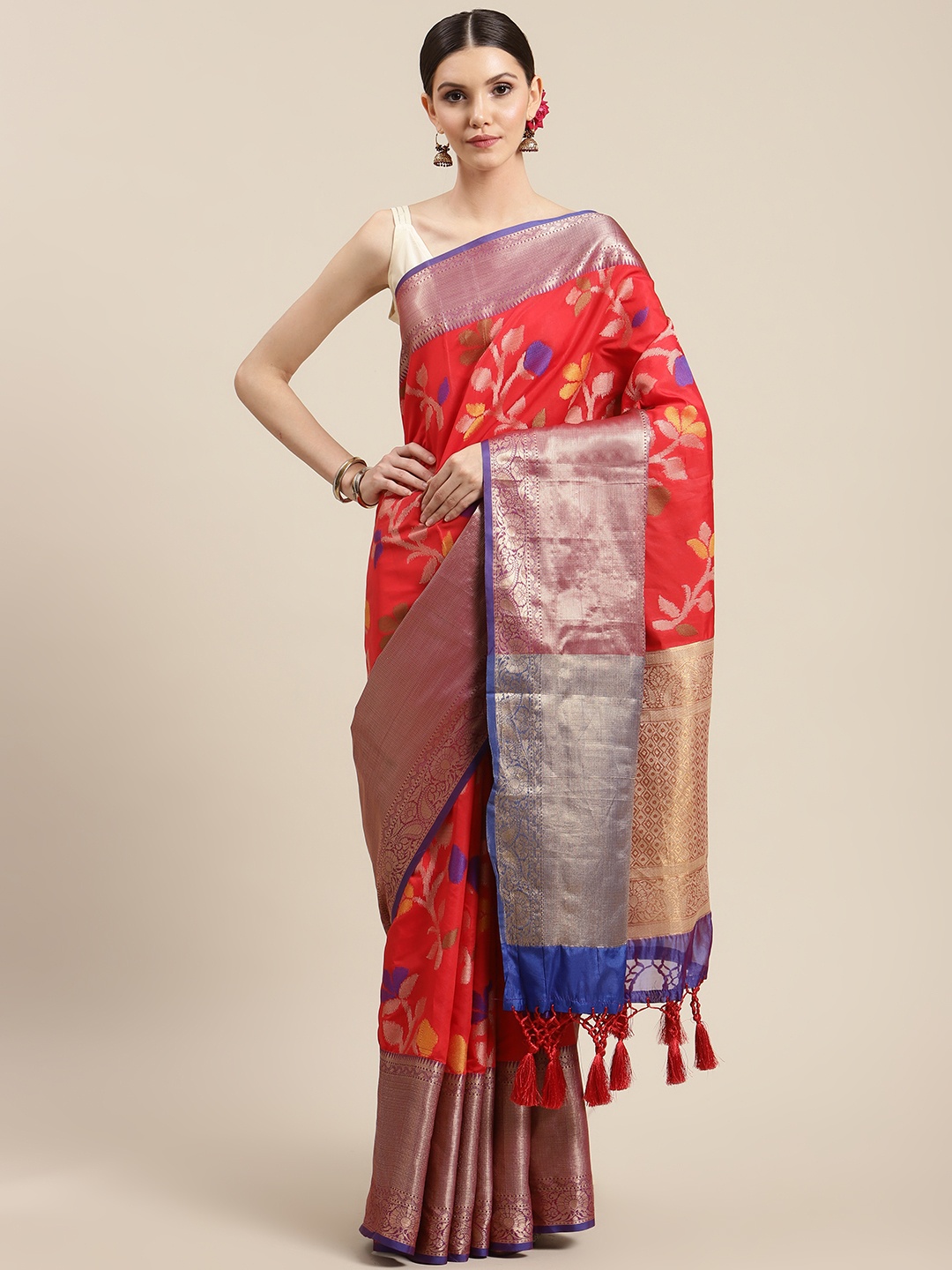 

Silk Land Red Floral Woven Design Zari Ikat Saree