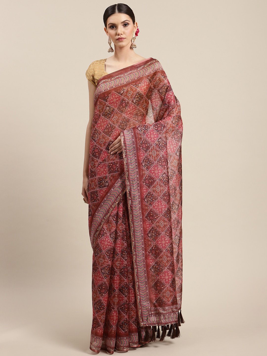 

Silk Land Maroon Kalamkari Art Silk Block Print Saree