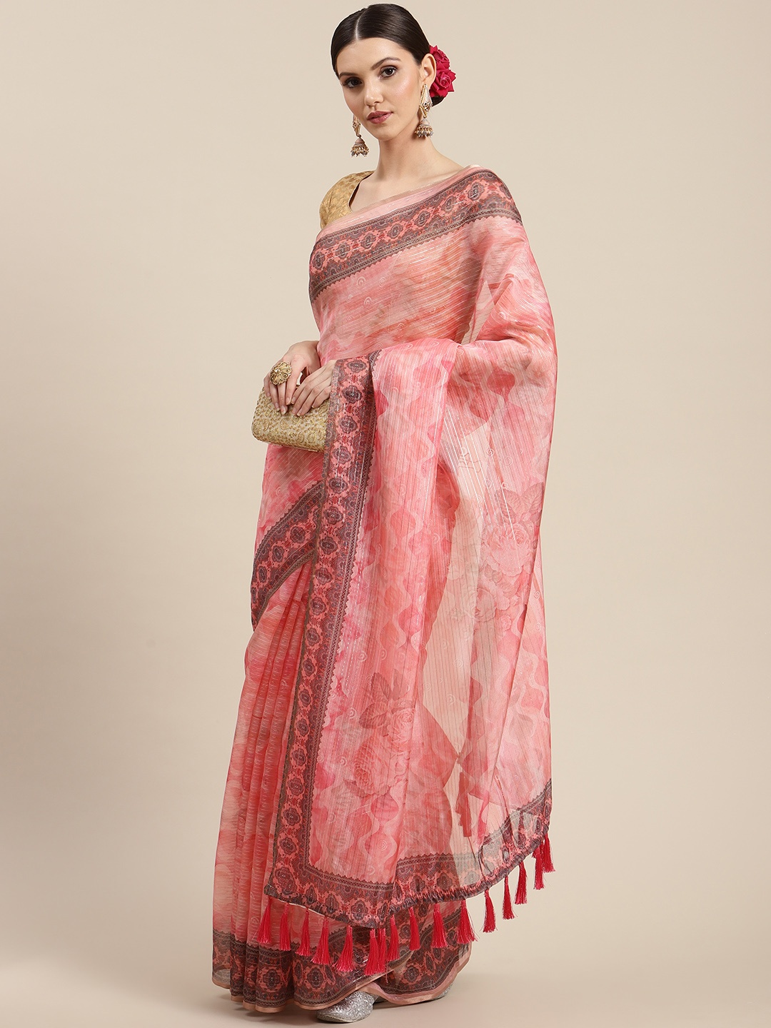 

Silk Land Peach-Coloured Floral Printed Art Silk Saree