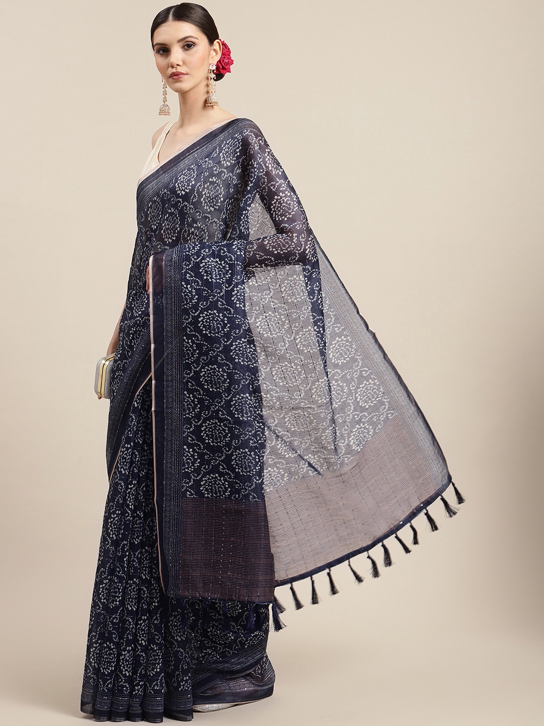 

Silk Land Navy Blue Bandhani Sequinned Saree