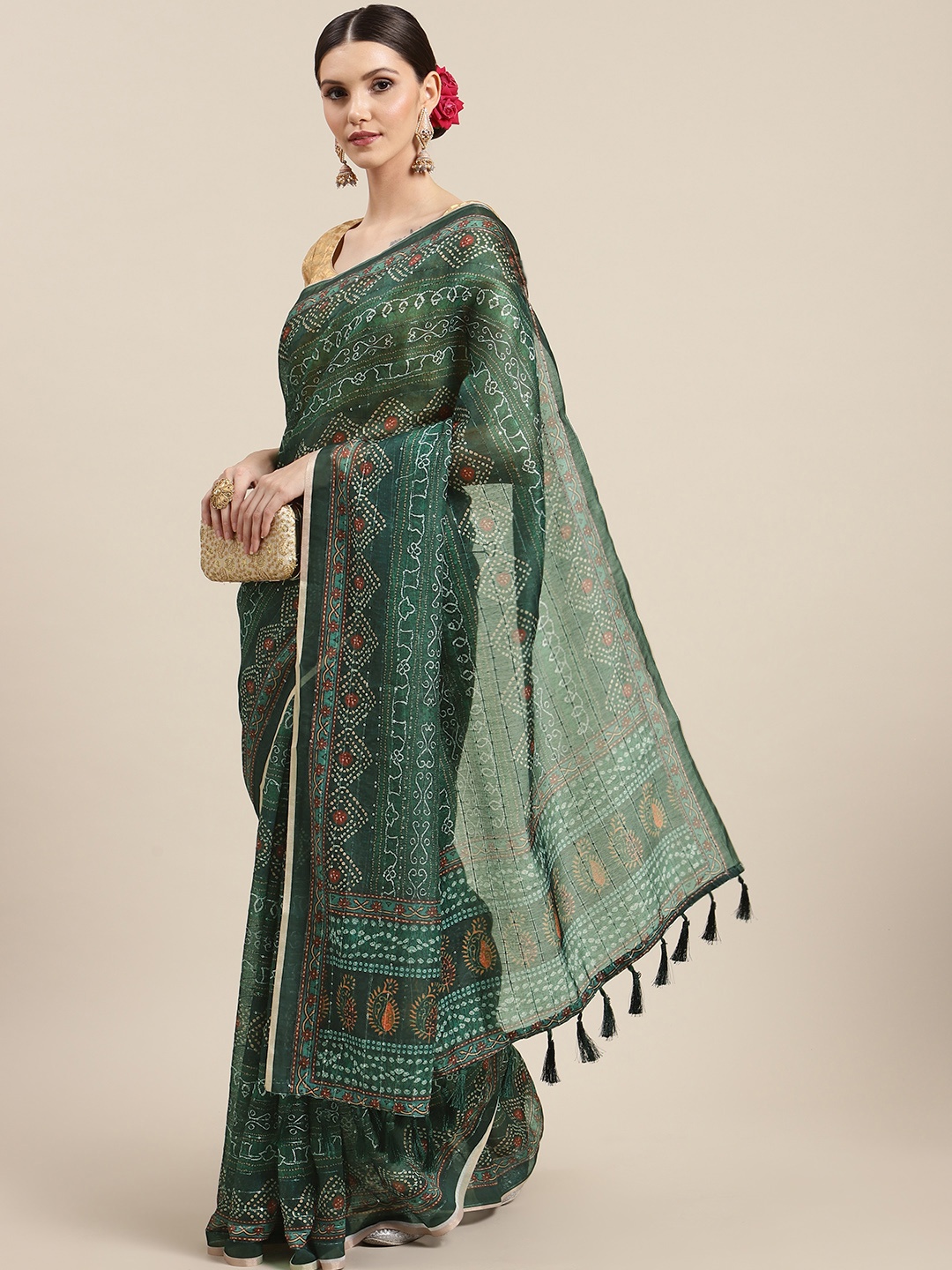 

Silk Land Green Bandhani Chanderi Cotton Sequinned Saree