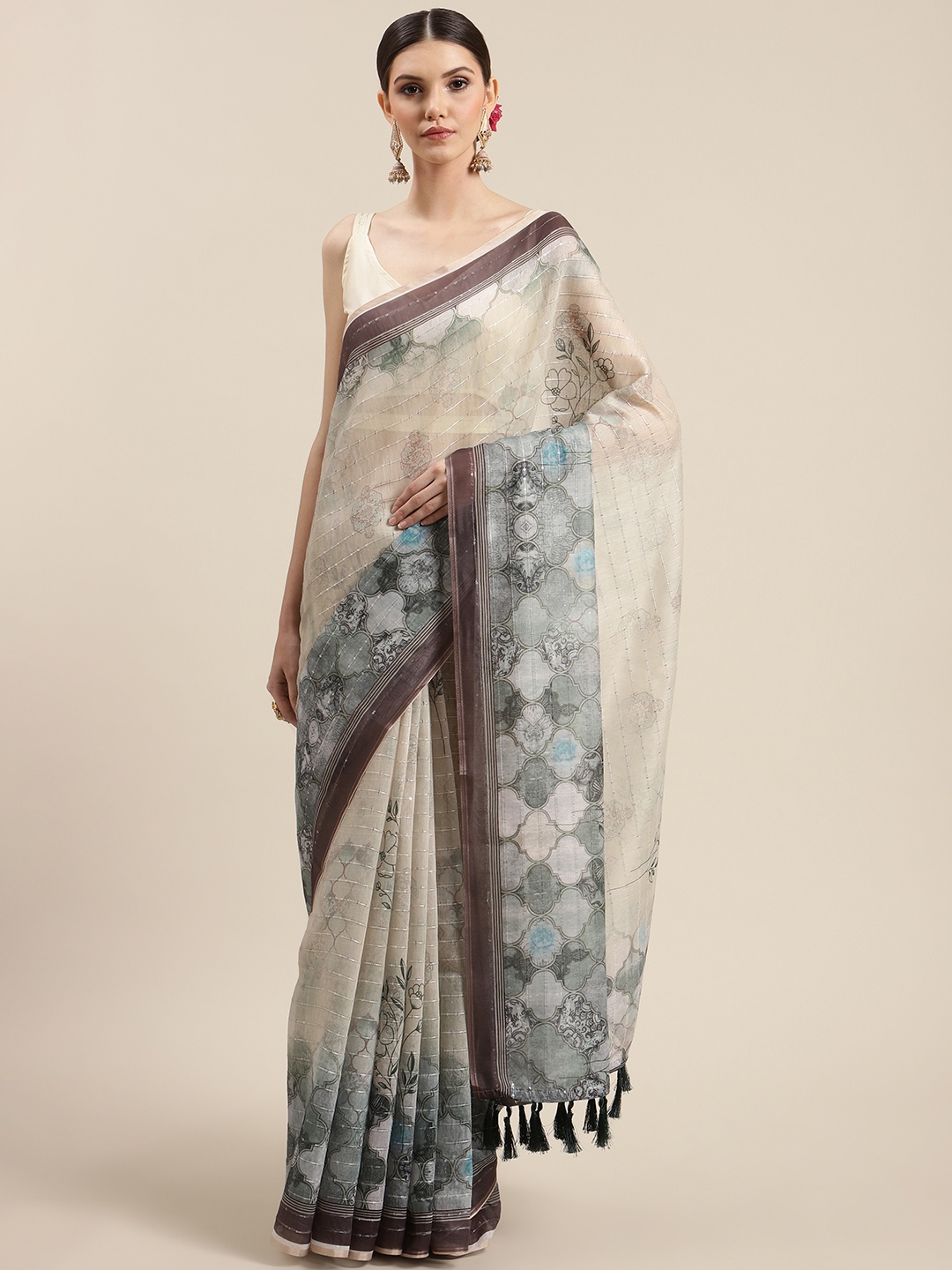 

Silk Land Taupe Floral Printed Sequinned Saree