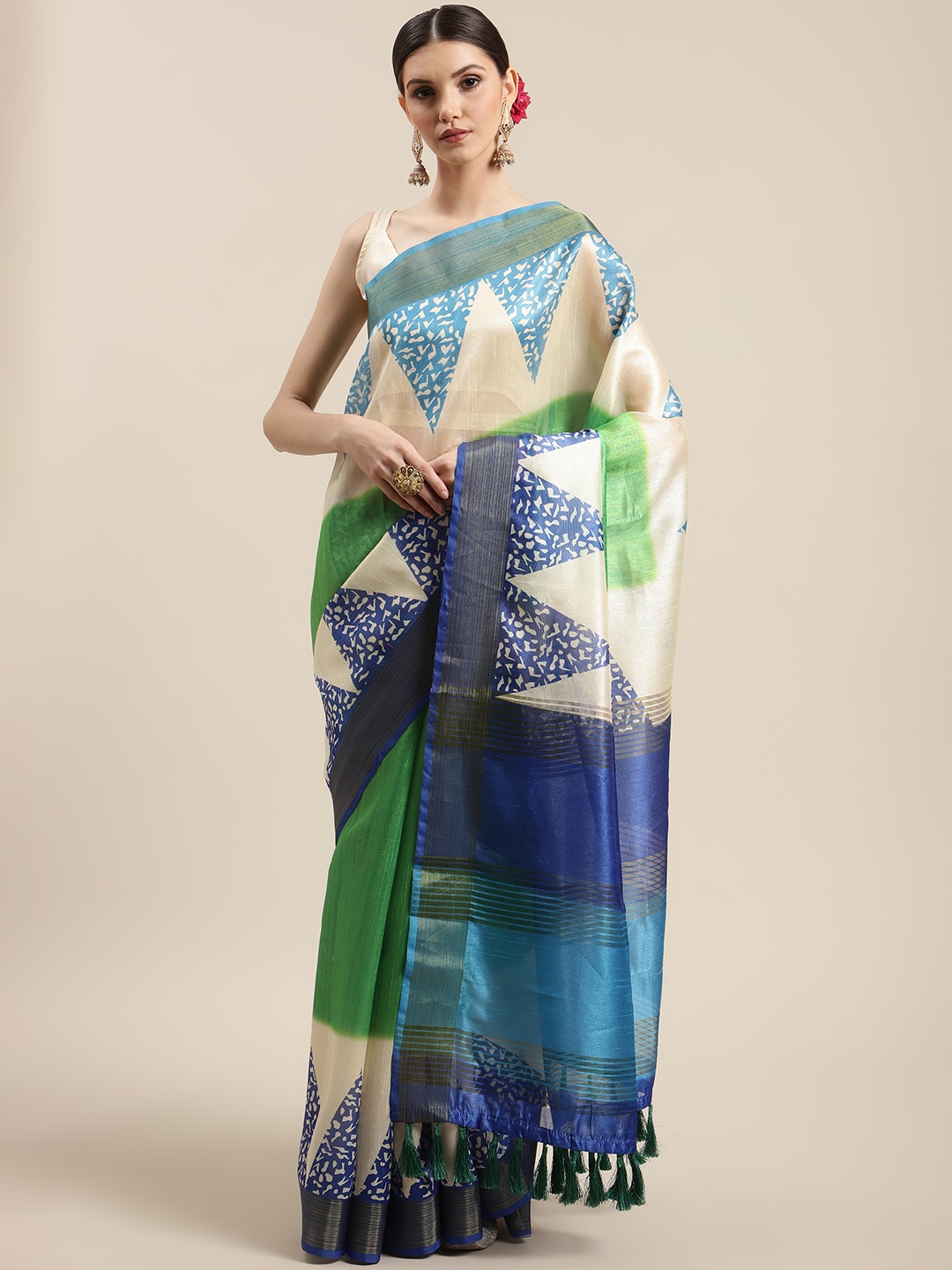

Silk Land Cream-Coloured & Navy Blue Batik Zari Silk Blend Saree