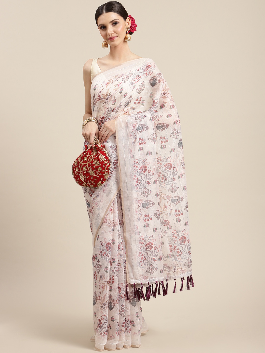 

Silk Land White Ethnic Motifs Printed Sequinned Saree