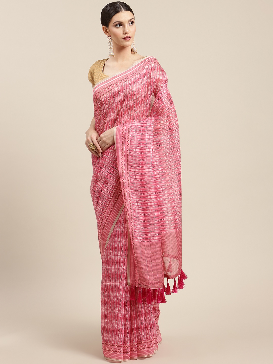 

Silk Land Pink Abstarct Print Chanderi Cotton Sequinned Saree