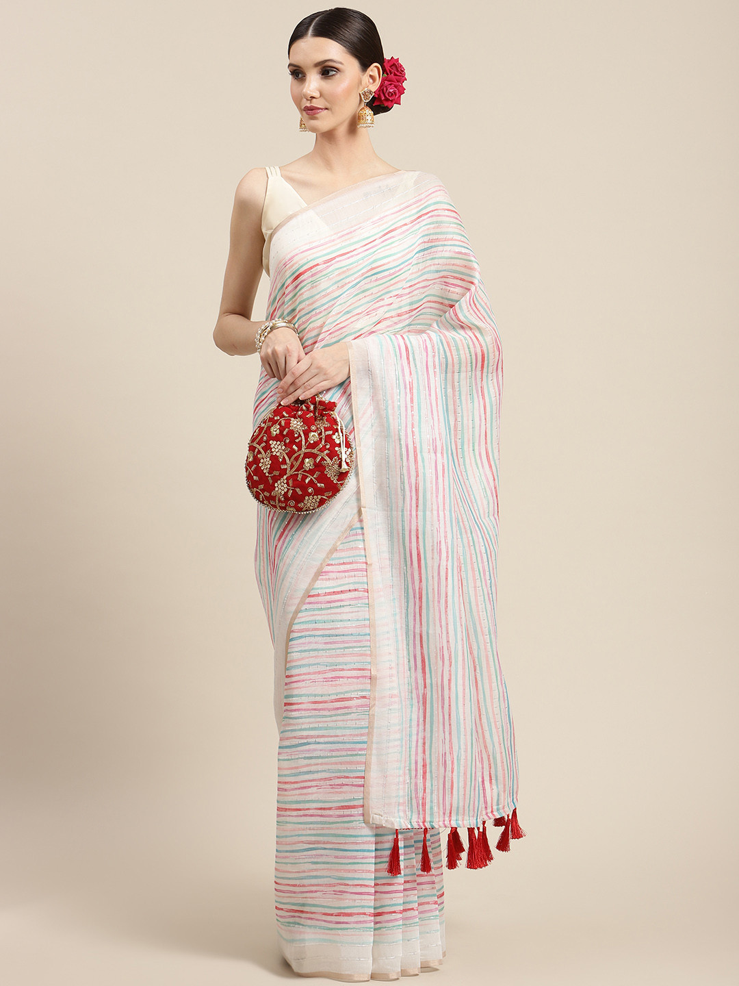 

Silk Land White & Red Striped Sequinned Saree