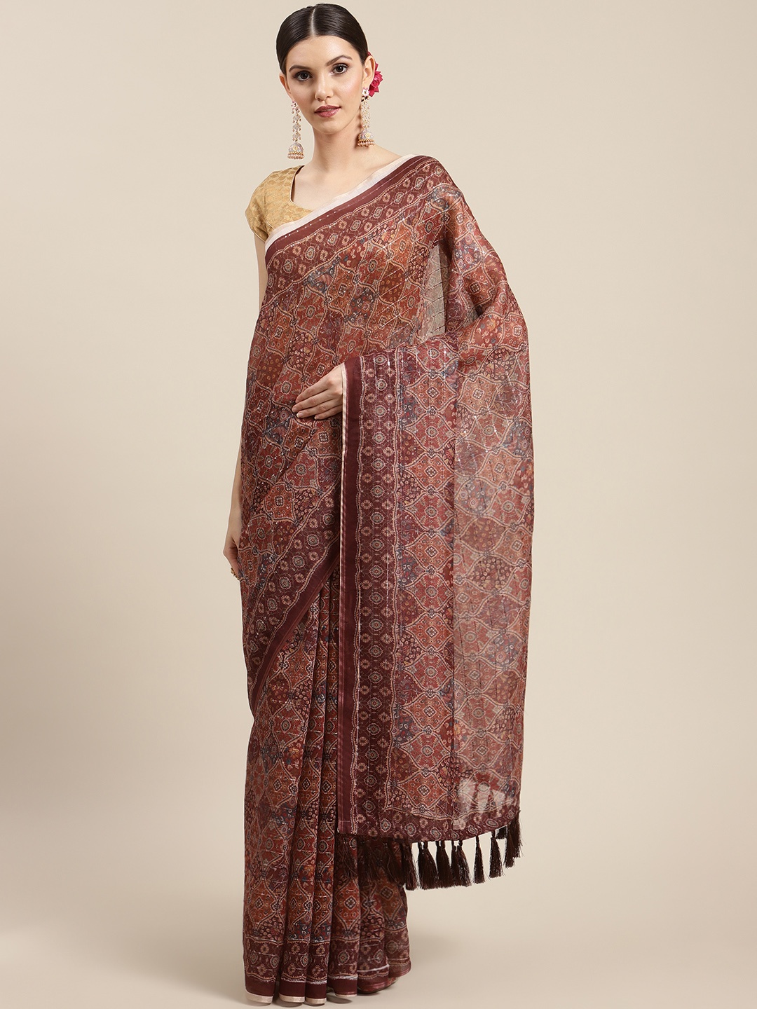 

Silk Land Brown Kalamkari Chanderi Cotton Sequinned Saree