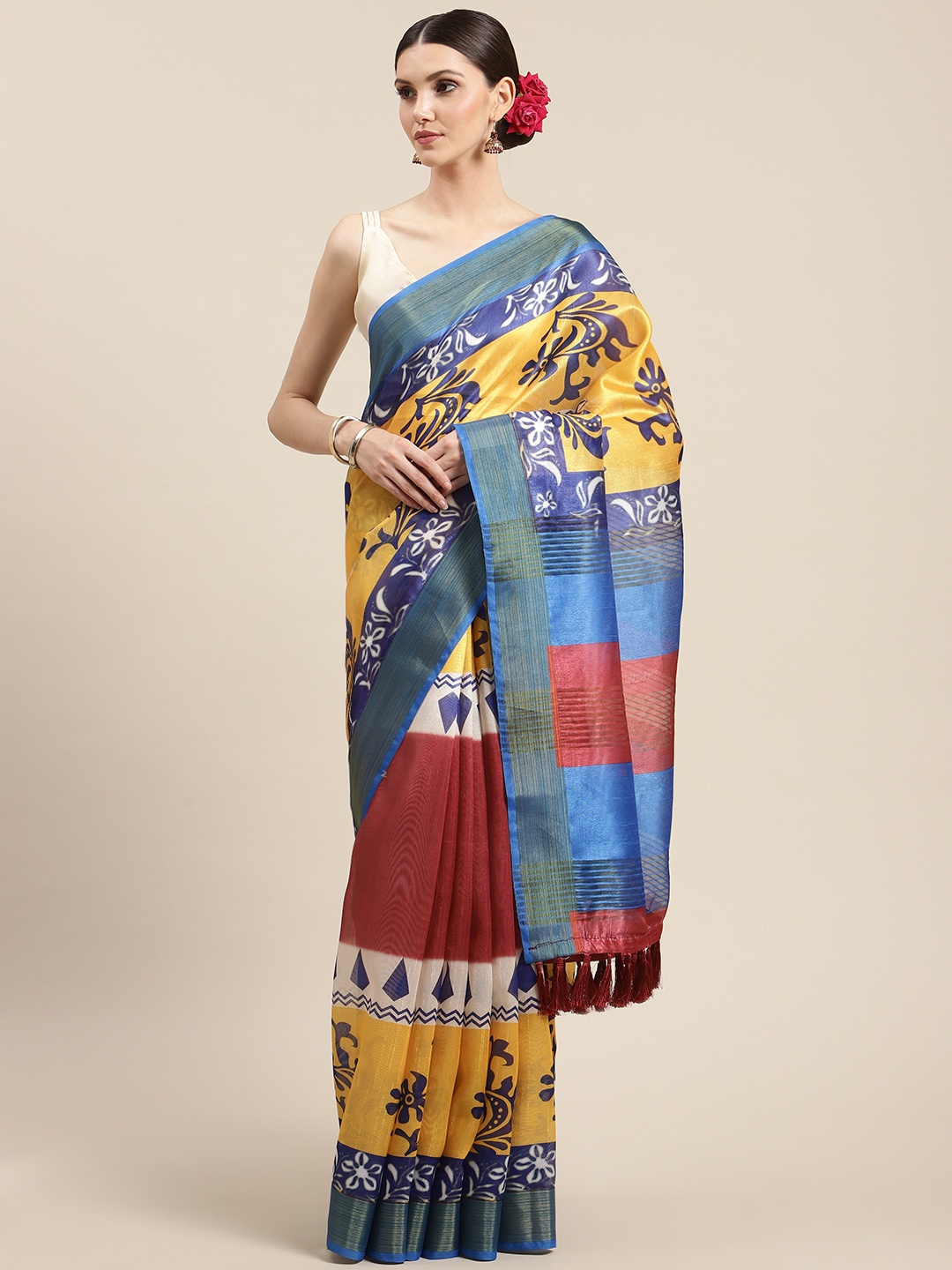 

Silk Land Batik Silk Blend Digital Print Saree, Navy blue
